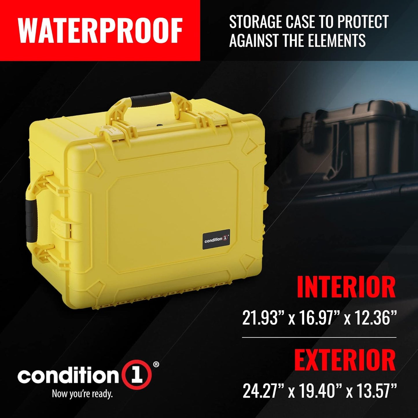 Condition 1 25" Large Heavy-Duty Protective Waterproof Hard Case Model 024, Portable Storage Box with Customizable Foam, Camera, Tool, Hunting, Made in USA, 24.27"x19.40"x13.57" Yellow