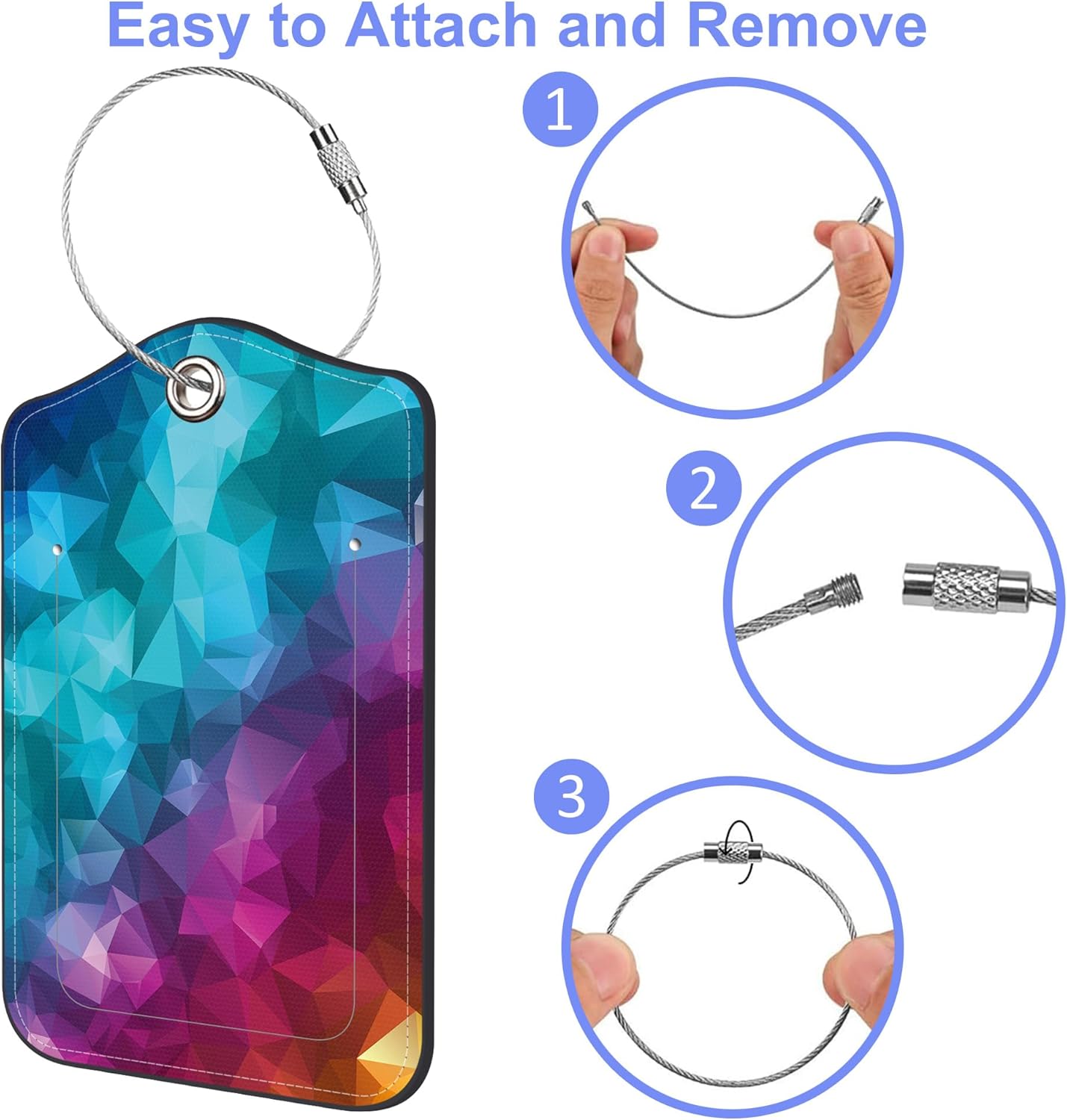 2 Pack Luggage Tag for Suitcase Polygonal and Rainbow Color Rhombus Leather Suitcase Tags with Identifiers Privacy Cover Name Address Labels and Stainless Steel Loop for Teens Adults