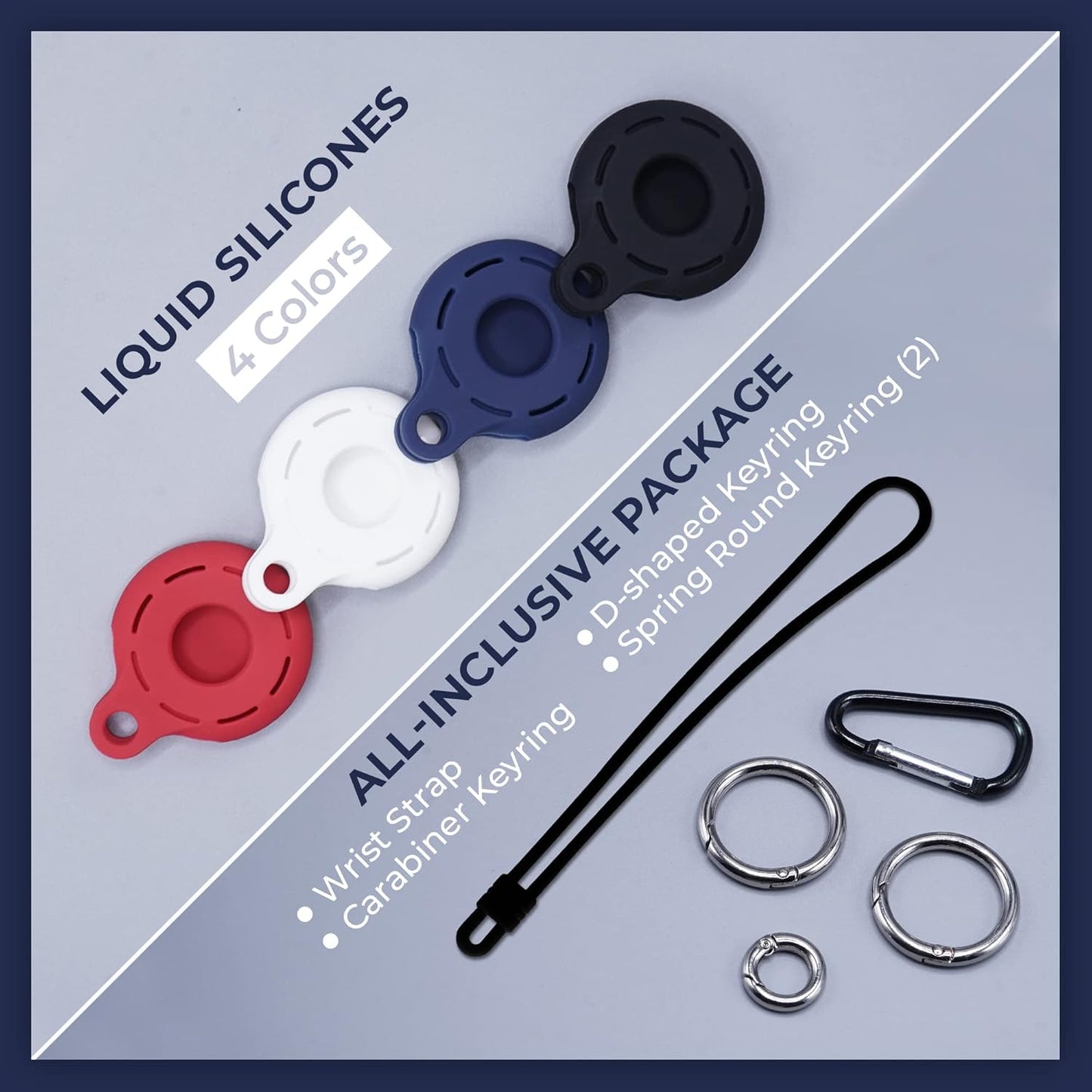 Apple Airtag Holders 4 Pack, Shockproof, Dustproof & Washable Silicon Cases for Air Tags with Accessories for Wallets, Luggage, Pet Collars, Key Finders (Blue - White - Red - Black)