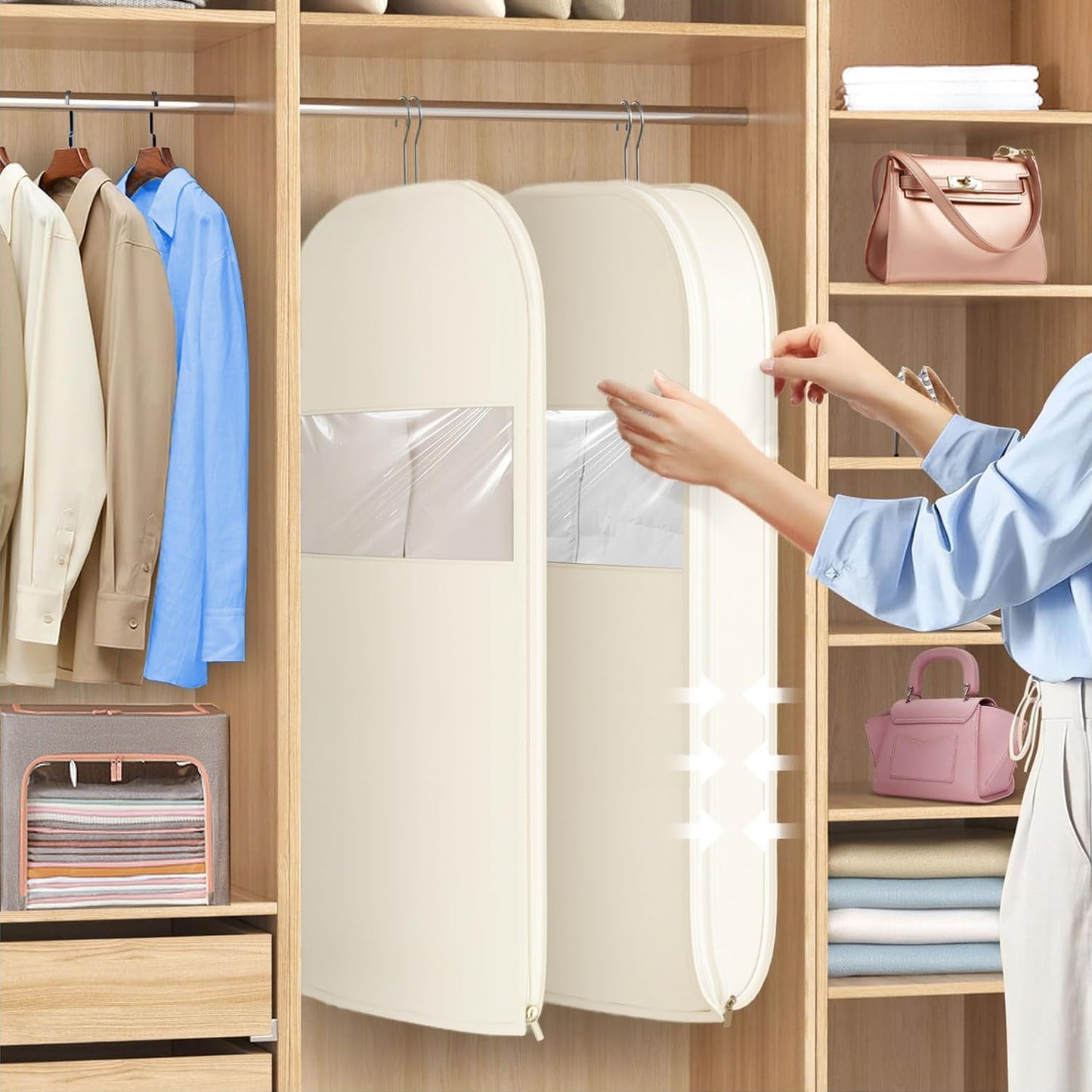 2 Pack Space Saving Garment Bag with Self Compression Zipper, Garment Bags for Hanging Clothes, Compression Bags for Storage, Hanging Garment Bag for Coats and Down Jackets (M, Beige)