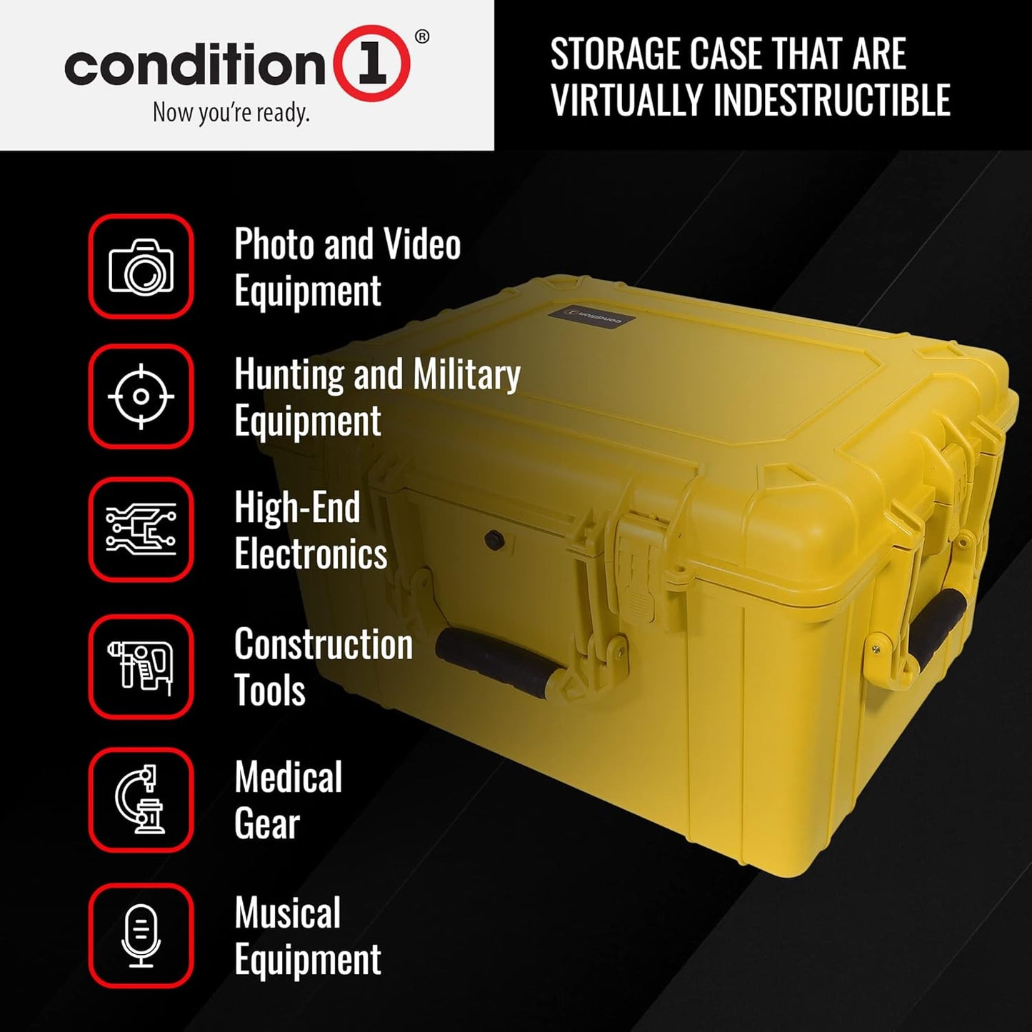 Condition 1 25" Large Heavy-Duty Protective Waterproof Hard Case Model 024, Portable Storage Box with Customizable Foam, Camera, Tool, Hunting, Made in USA, 24.27"x19.40"x13.57" Yellow