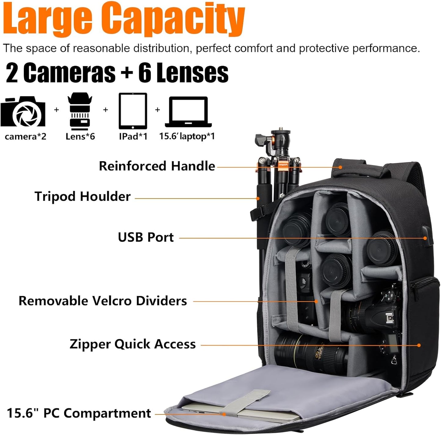 CADeN Camera Backpack Bag with Laptop Compartment 15.6" for DSLR/SLR Mirrorless Camera Waterproof, Camera Case Compatible for Sony Canon Nikon Camera and Lens Tripod Accessories Black