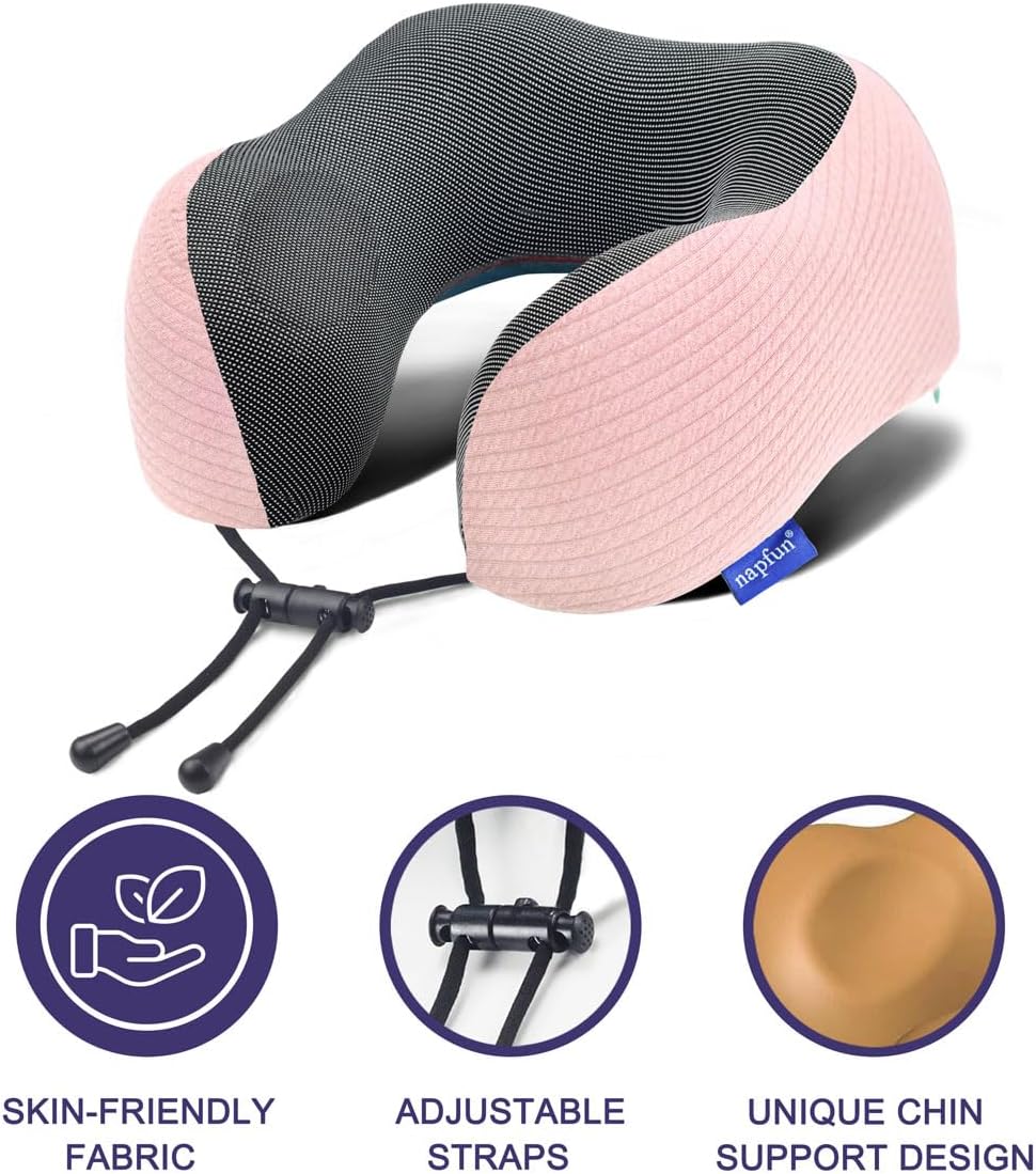 napfun Neck Pillow for Traveling, Upgraded Travel Neck Pillow for Airplane 100% Pure Memory Foam Travel Pillow for Flight Headrest Sleep, Portable Plane Accessories, Pink