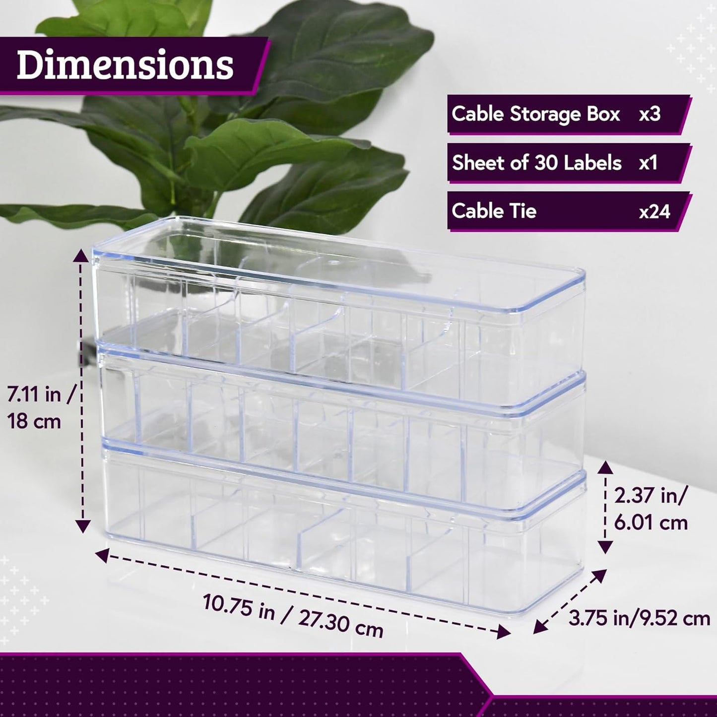 Set of 3 Cable Organizer Box W/Labels - Charger Box, Stackable W/Lids-Cord Organizer Junk Drawer- Cord Storage Box for Desk -Cable Organizer case