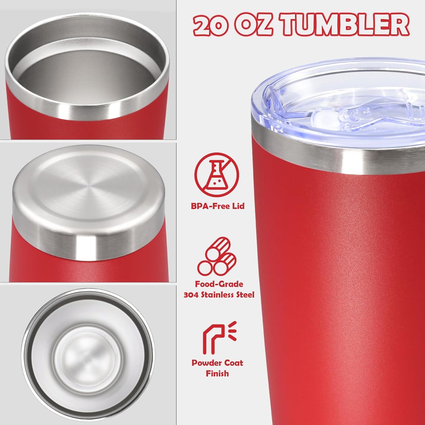20oz Tumbler Bulk Stainless Steel Tumbler Cup with Lid Vacuum Insulated Double Wall Travel Mug, Durable Powder Coated Travel Coffee Tumbler Mug for Hot & Cold Drinks, Red,12 Pack