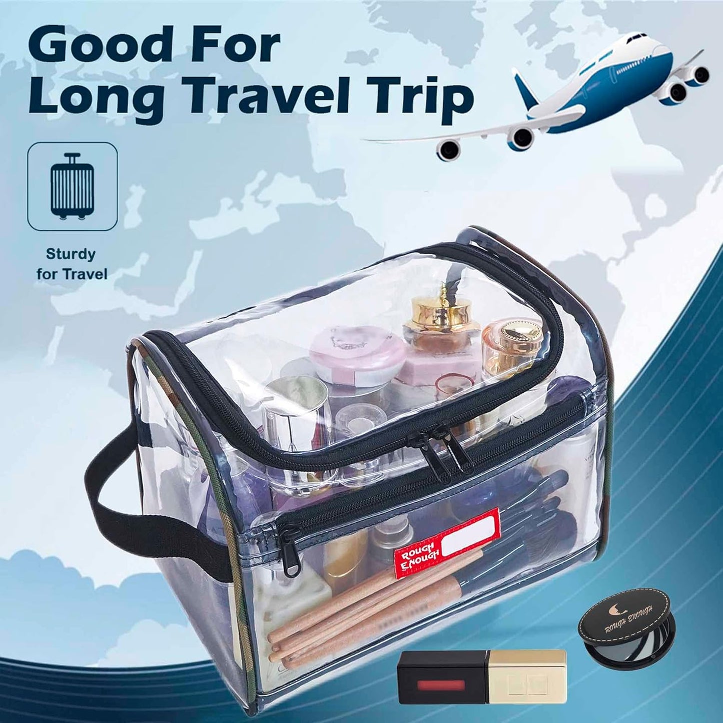 Rough Enough Clear Makeup Toiletry Bag Cosmetic Organizer Large Medicine Pouch with Zipper for Women Travel Accessories Essentials Pouch Toiletries Airport