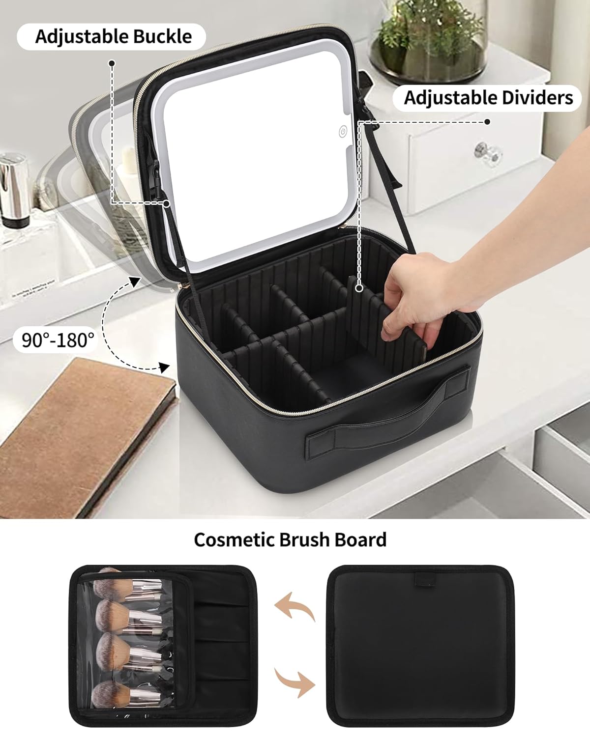Makeup Bag With LED Mirror, Travel Makeup Case with Light up Mirror Large Cosmetic Case with 3 Color Lighted Portable Organizer Bag with Adjustable Dividers（Black）