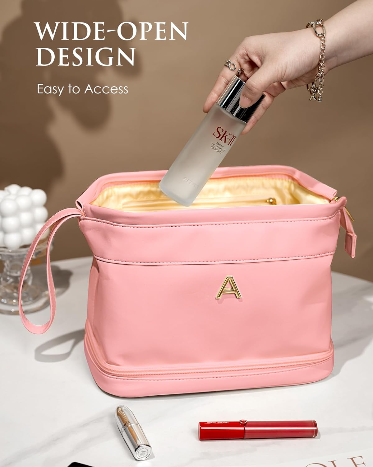 Bridesmaid Gift, Initial Makeup Bags, Personalized Double Layer Cosmetic Bag with Makeup Brush Organizer, Waterproof, Large Capacity PU Leather Travel Toiletry Bag