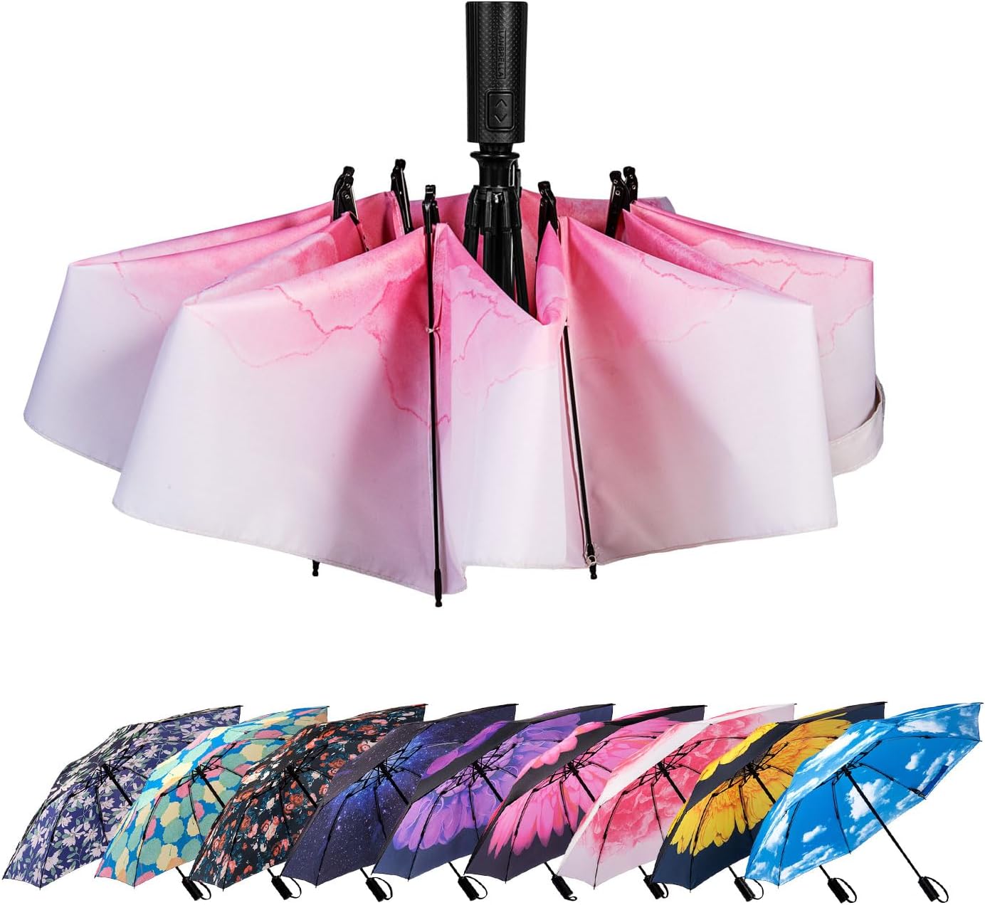 LANBRELLA Compact Reverse Folding Umbrella Auto Windproof Travel Umbrella