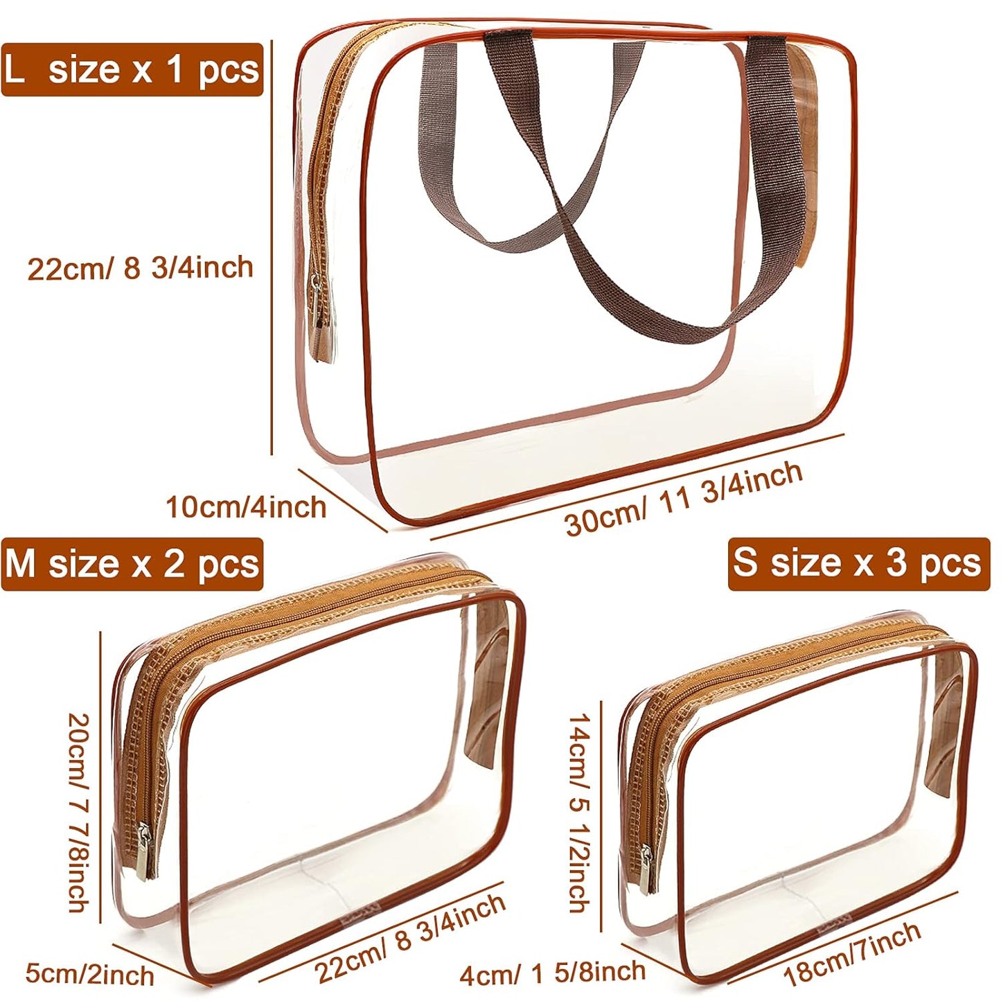 APREUTY Clear Makeup Bags, TSA Approved 6Pcs Cosmetic Makeup Bags Set Clear PVC w/Zipper Handle Portable Travel Luggage Pouch Airport Airline Bags Bathroom (Coffee)