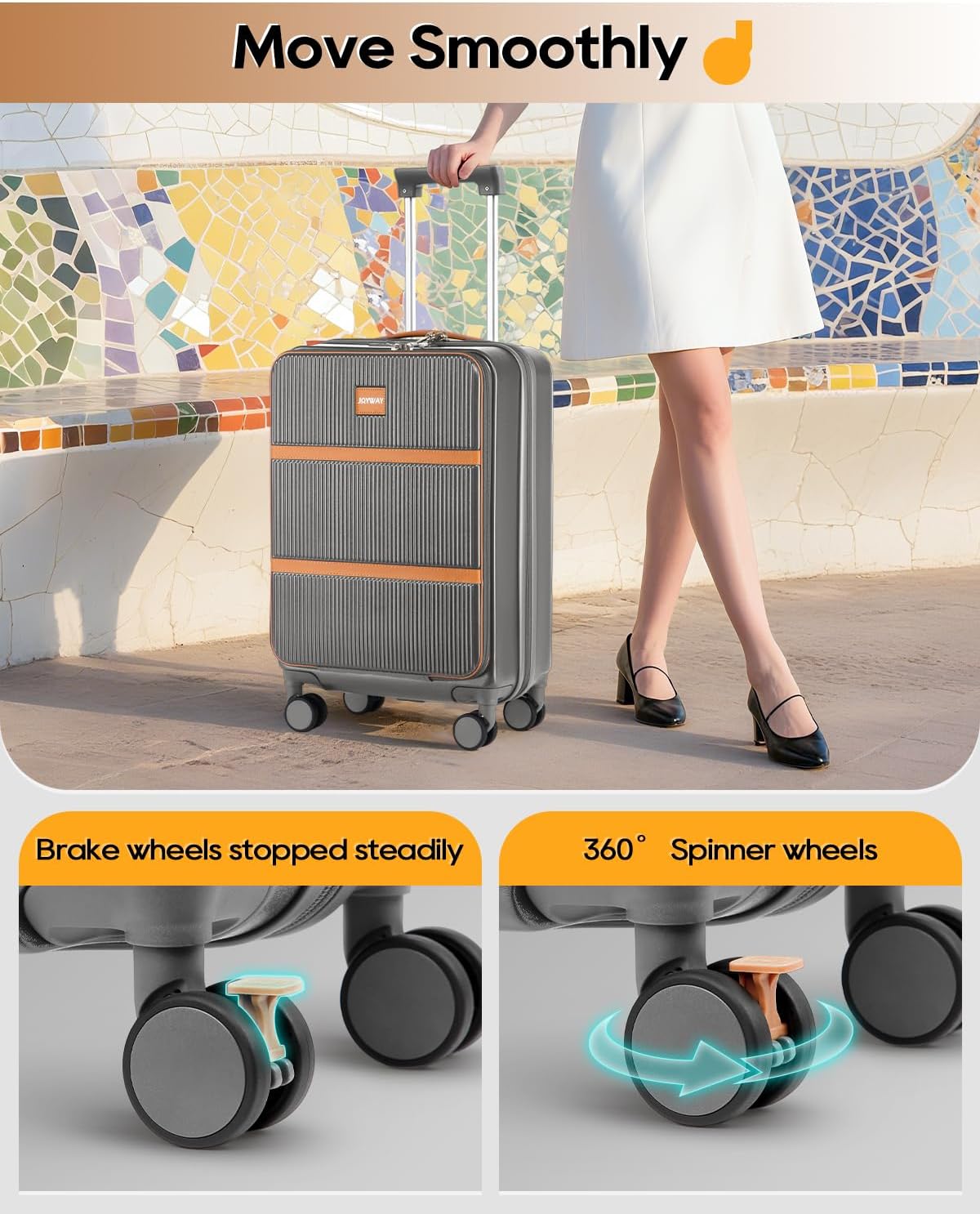 Joyway Carry on Luggage Airline Approved with Front Pocket, Hard Shell 20 Inch Travel Luggages with Cup Holder, Carry-on Suitcase with Spinner Wheels for Men and Women (Grey, 20 Inch)