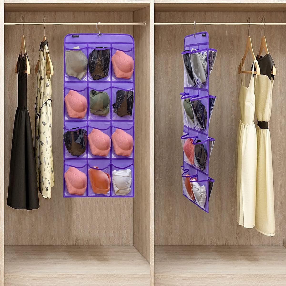 Dual Sided Hanging Shoe Organizer for Closet with Rotating Hanger Hanging Shoe Rack Holder with 24 Large Pockets (Purple-Clear Pockets)