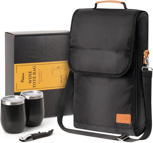 3 Bottle Wine Tote Bag with Wine Tumblers and Wine Opener, Wine Gifts for Women, Portable Wine Carrier Purse with Shoulder Strap for Travel/Picnic/Beach/Pool/Events/Hiking, Black