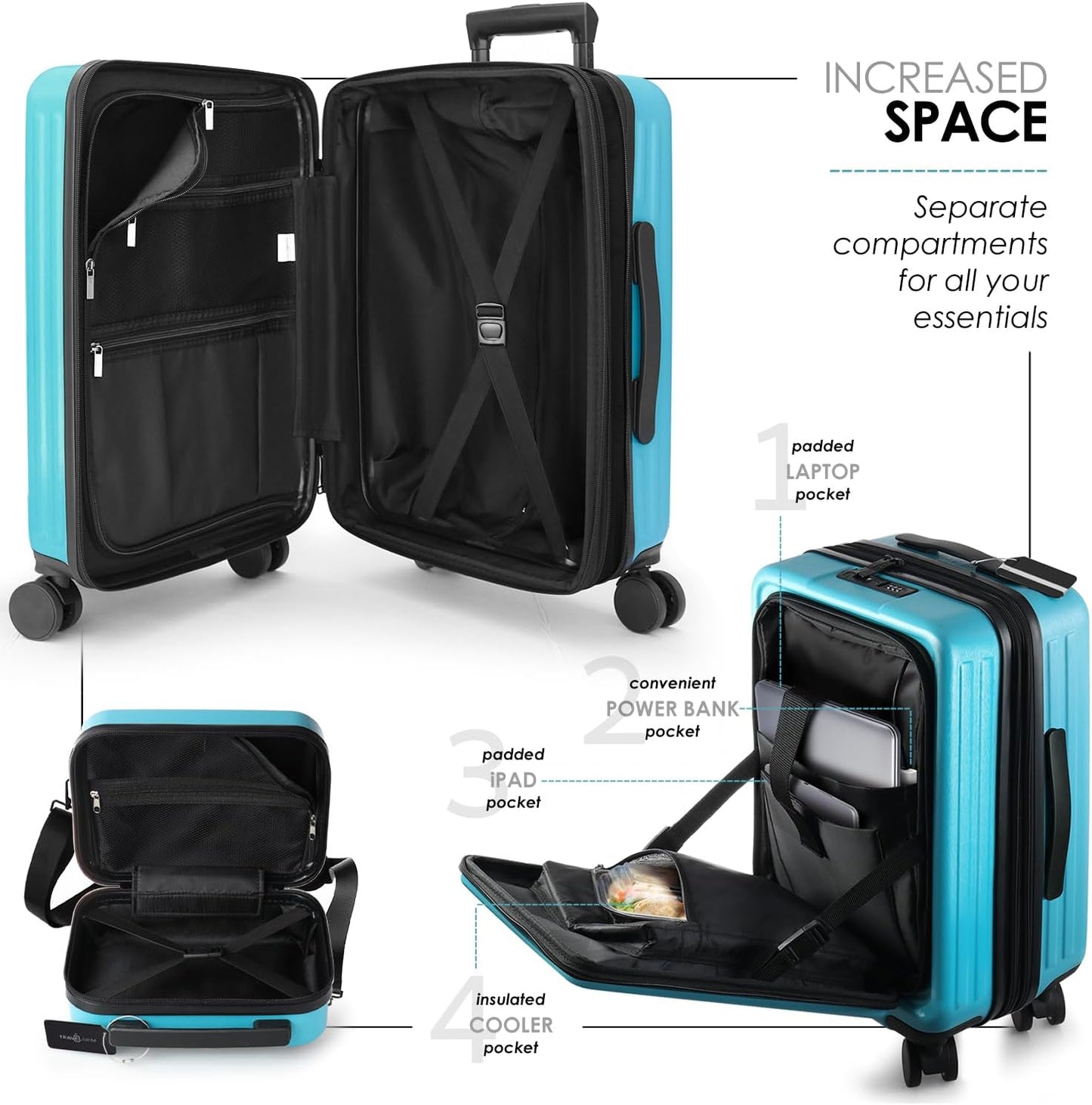 22 Inch Carry On Luggage 22x14x9 Airline Approved, Carry On Suitcase with Wheels, Hard-shell Carry-on Luggage, Durable Luggage Carry-On, Teal Small Suitcase with Cosmetic Case