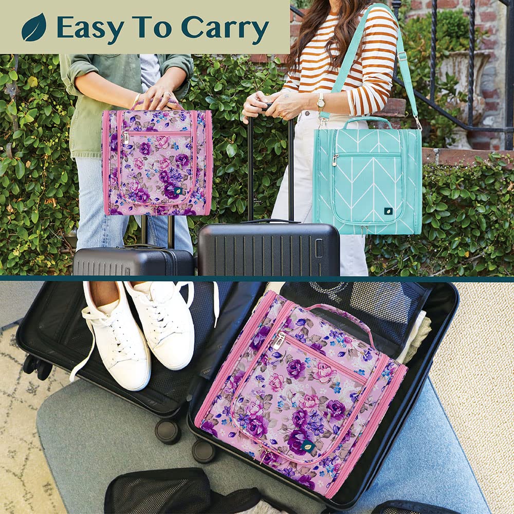 PAVILIA Extra Large Toiletry Bag Travel Bag for Women Men, Hanging Cosmetic Organizer, Water Resistant Makeup Bag for Accessories Toiletries, Travel Essentials Kit (Floral Pink)