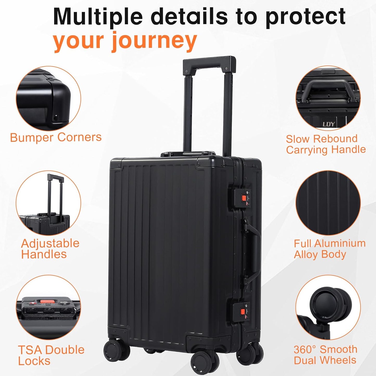 All Aluminum 24 Inch Check In Luggage Hard Shell Suitcases with Spinner Wheels and TSA Lock, Large Zipperless Luggage for Travel, Black