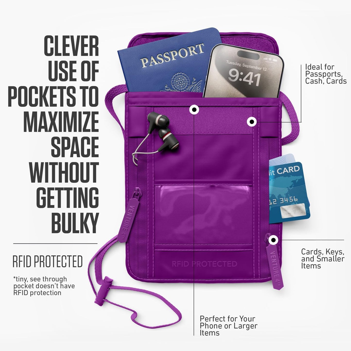 VENTURE 4TH Passport Holder Neck Wallet with RFID Blocking Nylon Lining - Hidden Neck Pouch for Travel (Sleek Purple)
