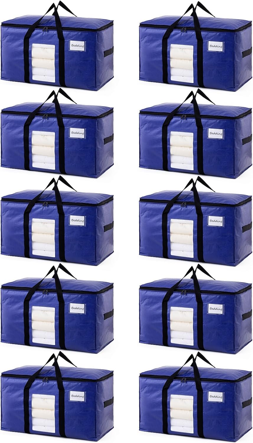 TAILI 10 Pack Dark Blue Extra Large Moving Bags, Heavy Duty Totes with Visible Window, Wrap Around Handles, Great for Space-Saving