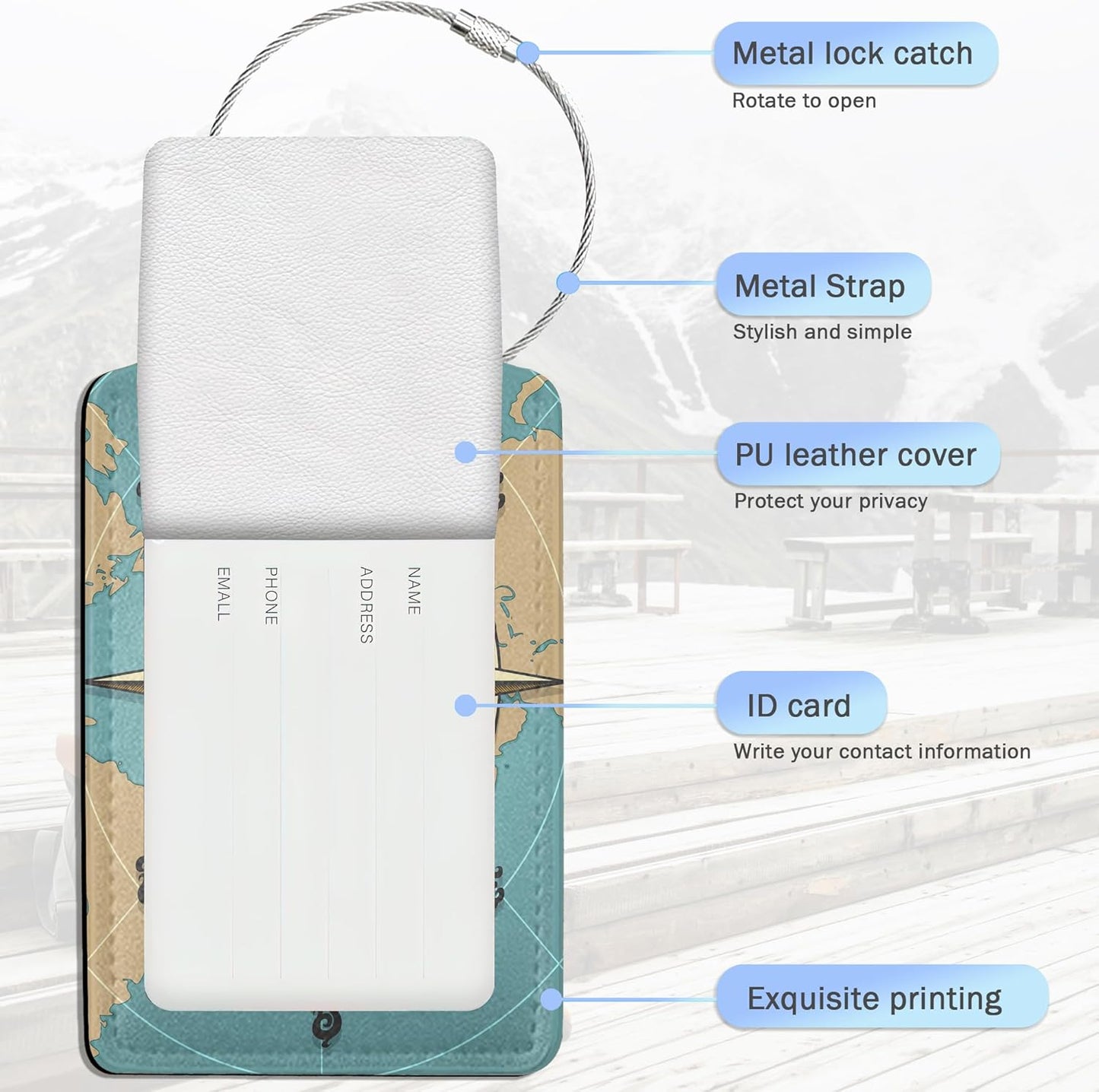 Retro World Map Luggage Tags for Suitcase,Nautical Compass Luggage Tags of Set 2 Leather Identifiers Privacy Cover with Stainless Steel Loop for Women Men Travel Bag Suitcase