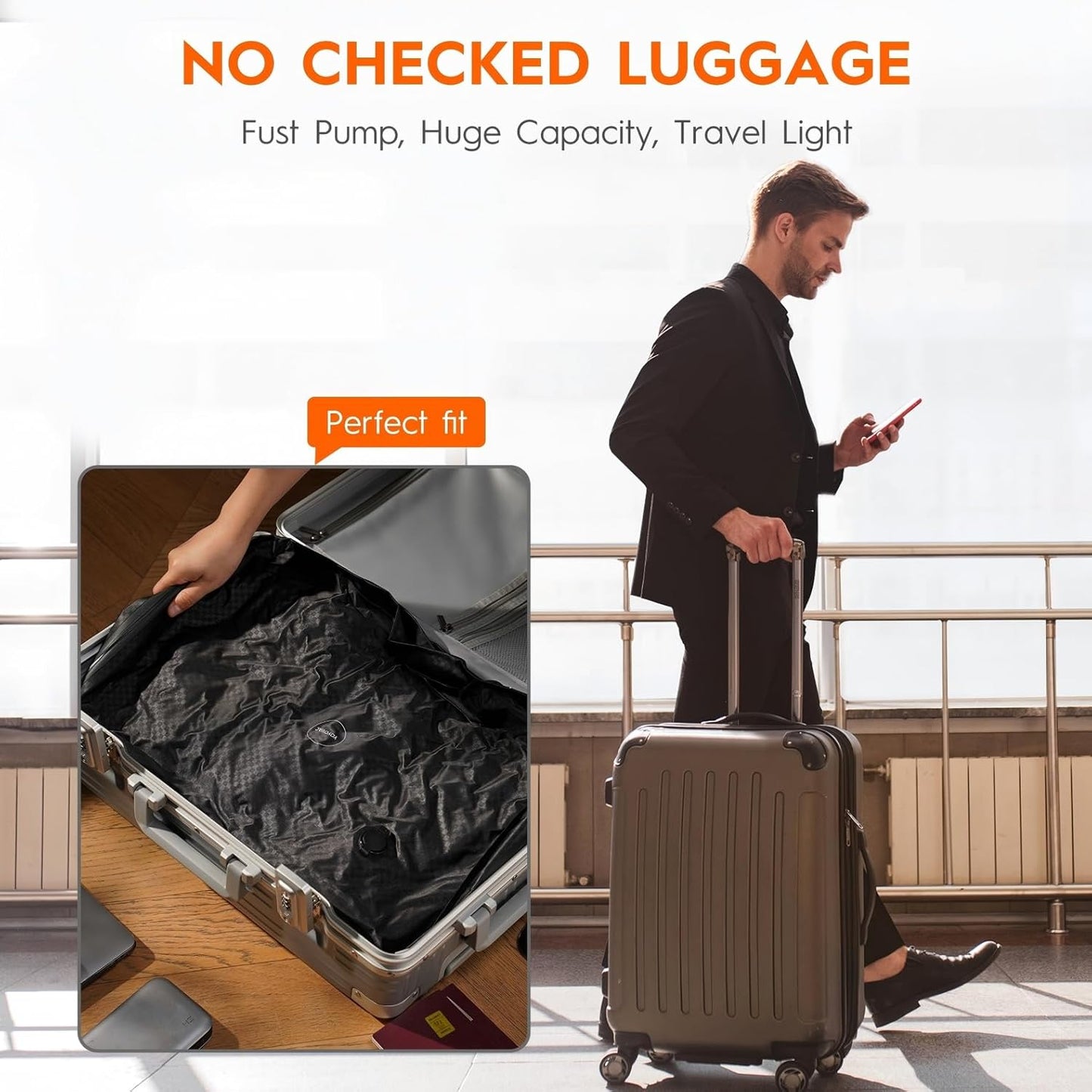 Vacuum Suitcases Compression Bags with Wireless Pump & iOS Tracker– Vacuum Bags for Travel Luggage, No Checked Baggage, Triple Your Luggage Space, IP68, Reusable, Fits 20/24/28 Inch Suitcase