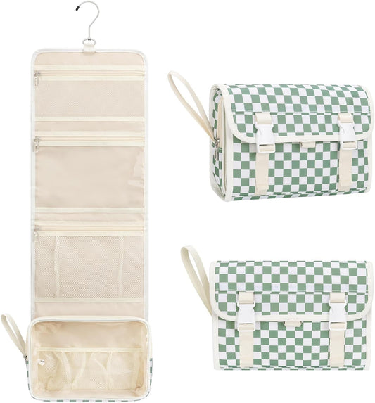 Relavel Travel Hanging Toiletry Bag for Women, Large Capacity Wash Bag with 360 degree Rotation Hanging Hook, Portable Toiletries Makeup Organizer Storage for Daily Use, Trip, Camping - Green Plaid