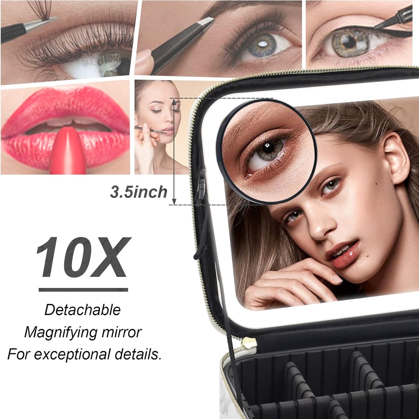 Makeup Bag with Mirror and Light, Makeup Case with Lighted Mirror, Travel Makeup Bag with Light up Mirror 3 Color Lights, Makeup Organizer Bag with Adjustable Dividers & Brush Holder(Marble)