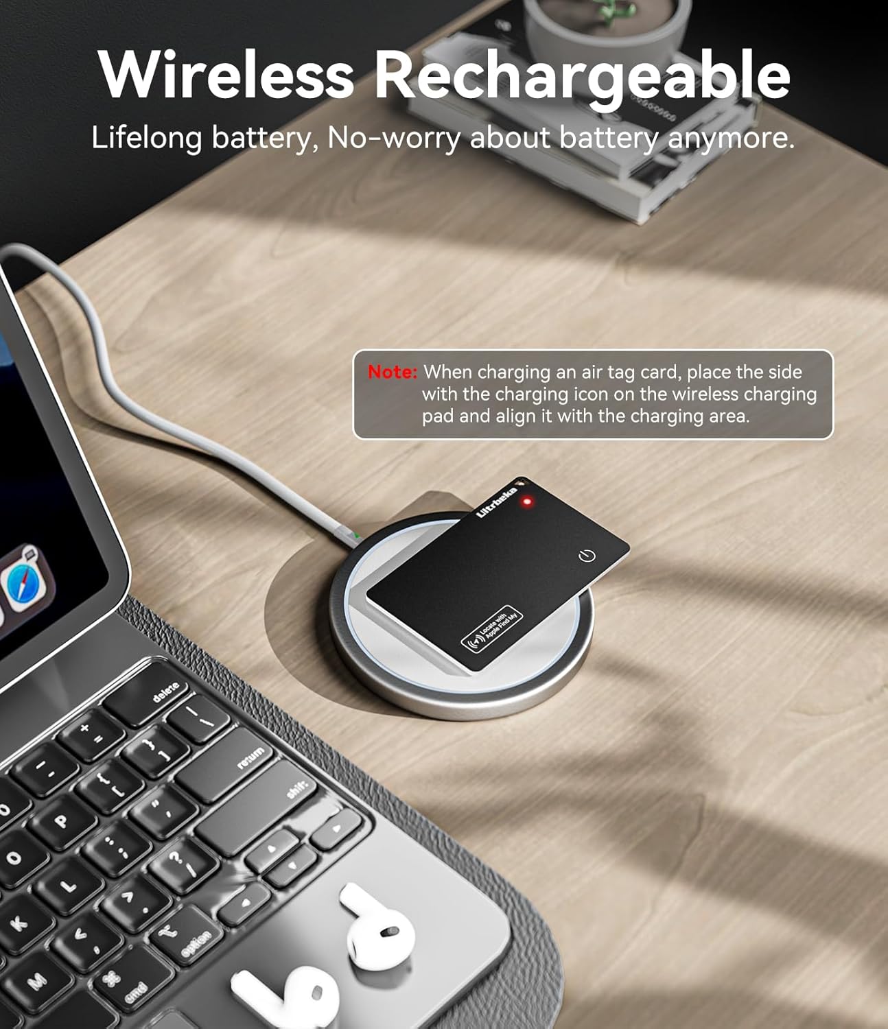 Ultra-Thin Air Tag Wallet Tracker Card 0.07in IP68 Waterproof Bluetooth Tracker for Wallets, Passport, Work with Apple Find My, Wireless Charging, Anti-Loss Card Locator [Apple MFi Certified] iOS Only