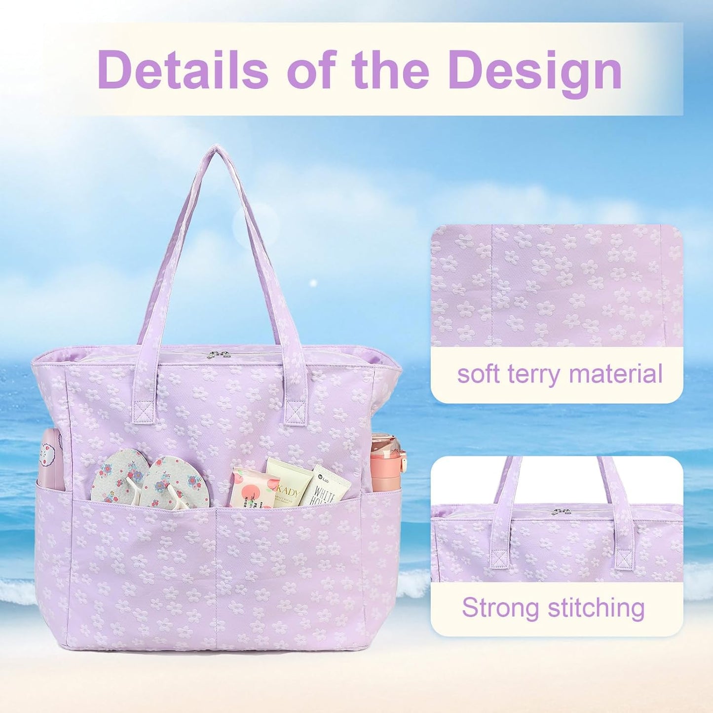 LEDAOU Large Beach Tote Bag Women Waterproof Sandproof Zipper Beach Tote Bag for Pool Gym Grocery Travel with Wet Pocket