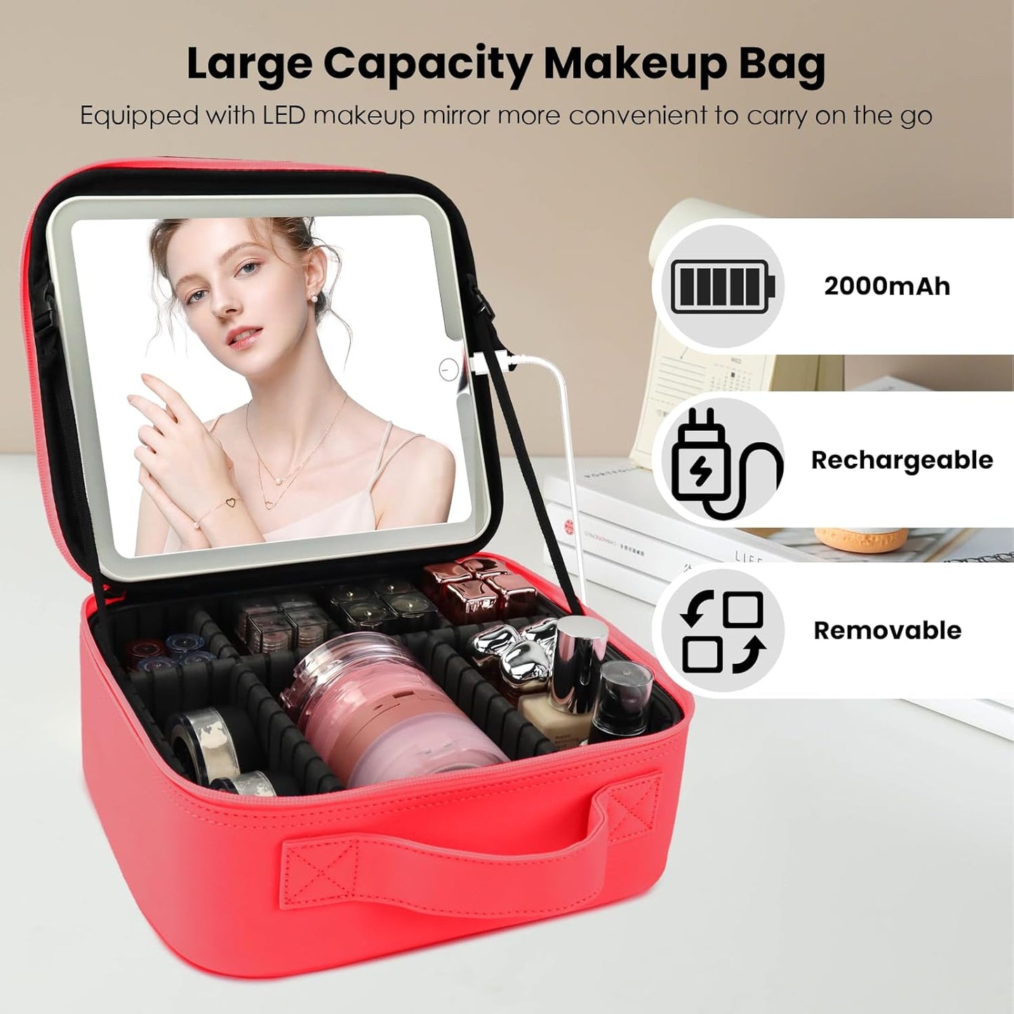 Travel Makeup Bag with LED Mirror and Light Makeup Travel Bag Organizer Portable Cosmetic Brush Organizer Bag with Adjustable Dividers for Cosmetics Makeup Brushes Toiletry (Light Red)
