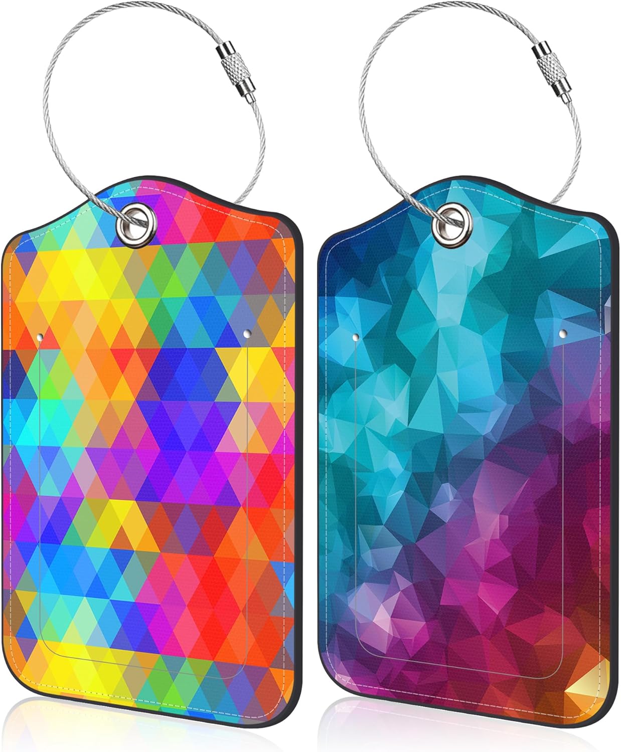 2 Pack Luggage Tag for Suitcase Polygonal and Rainbow Color Rhombus Leather Suitcase Tags with Identifiers Privacy Cover Name Address Labels and Stainless Steel Loop for Teens Adults
