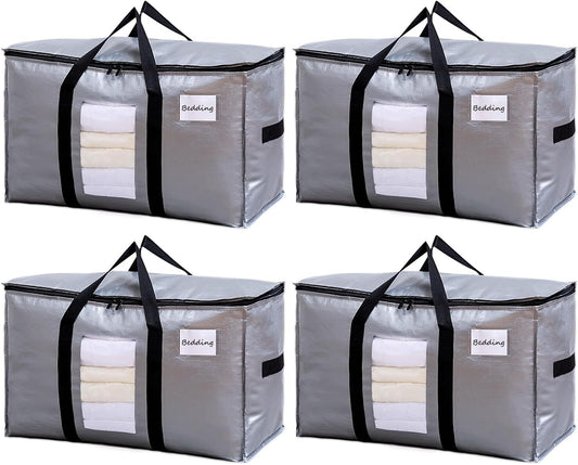 TAILI Extra Large Moving Bags, 4 Pack Silver Heavy Duty Totes For Storage with Visible Window, Wrap Around Handles, Space Saving Storage Bags for Moving Supplies, Alternative to Moving Boxes