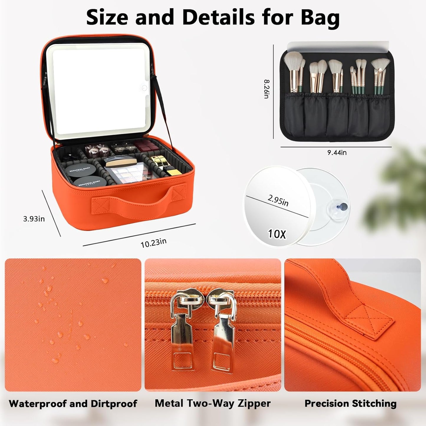Travel Makeup Bag with LED Mirror and 10x magnifying glass with 3 Lighted Settings, Adjustable Dividers and Makeup Brush Storage Bag Orange