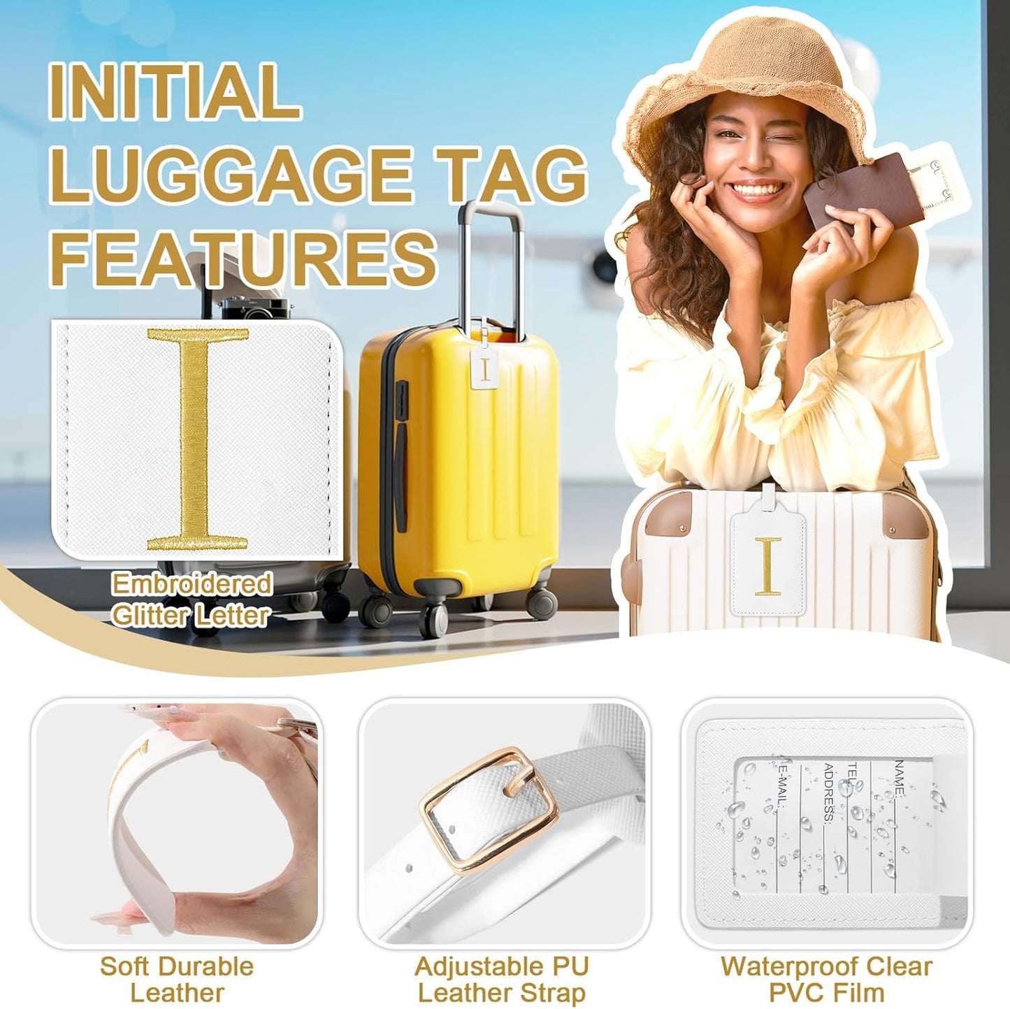 Personalized Initial Luggage Tags for Suitcase TSA Approved, White Leather Cute Luggage Tag with Privacy Cover Name Card, Embroidered Custom Luggage Tags Travel Baggage Tags Gifts for Women Kids(I)