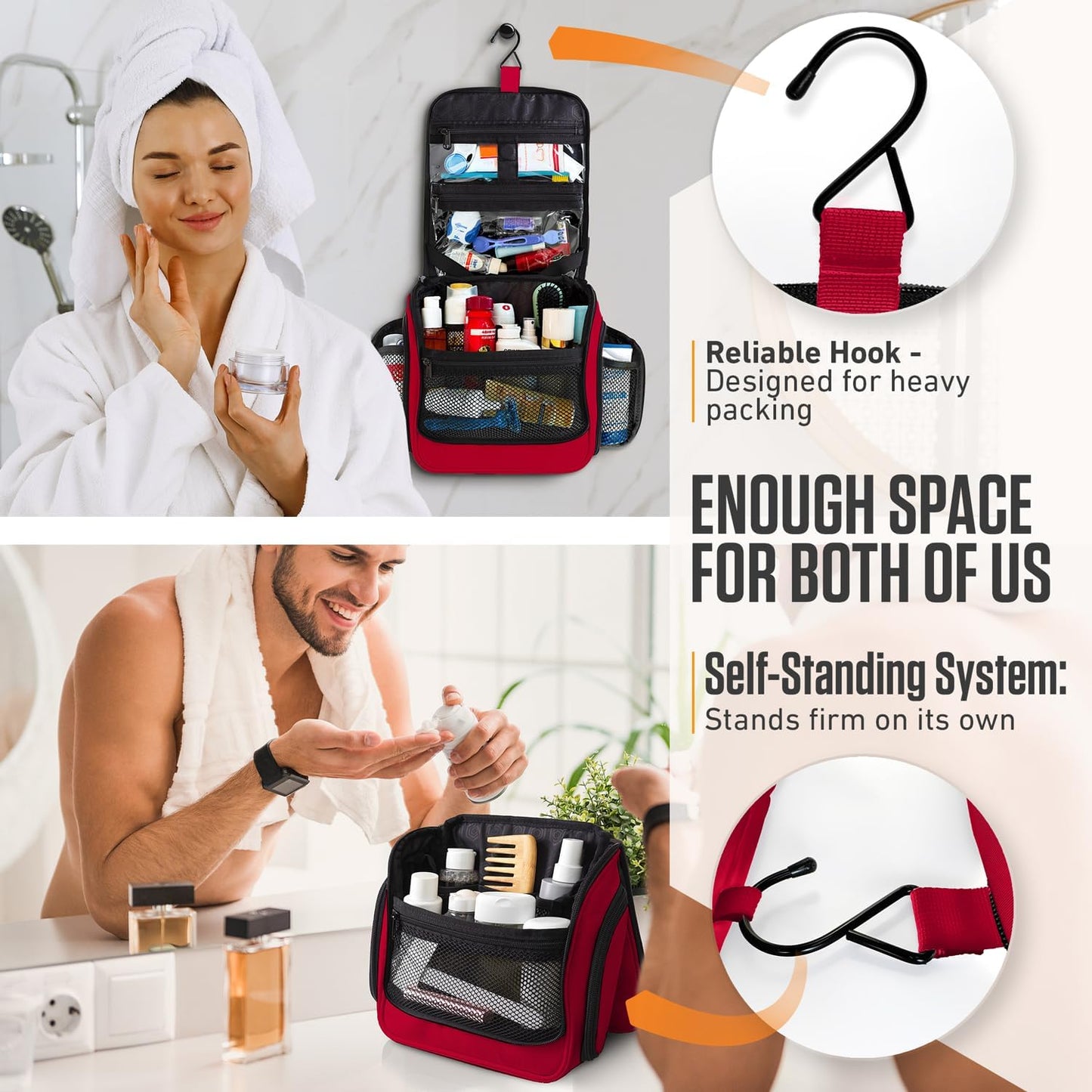 VENTURE 4TH Hanging Travel Toiletry Bag for Women & Men - Travel Organizer with Expandable Compartments & Removable Clear Pouch for Toiletries (Red)