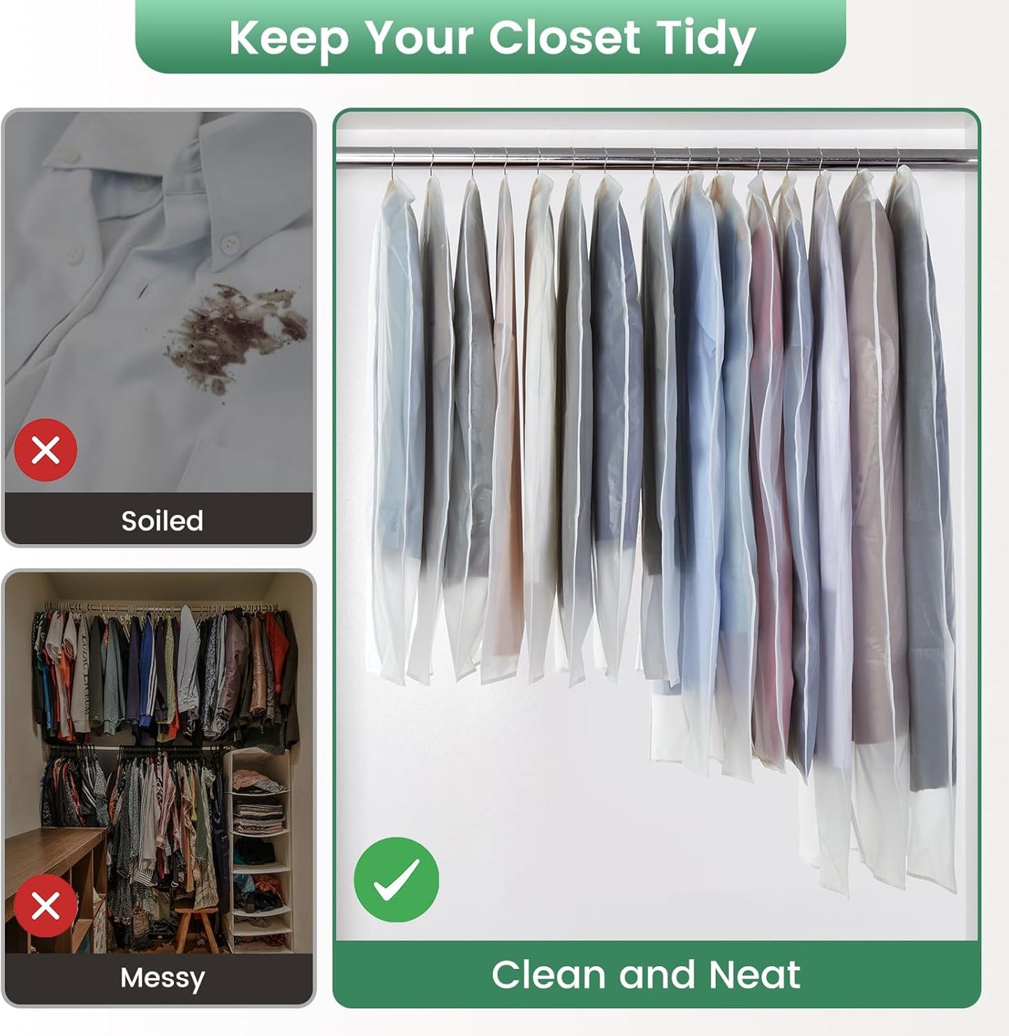 10 Pack Translucent Garment Bags for Hanging Clothes - Frosted Clothes Storage Bags for Suits, Shirts, Dresses, Closet Storage, Travel - 24" x 40"/47"/55"