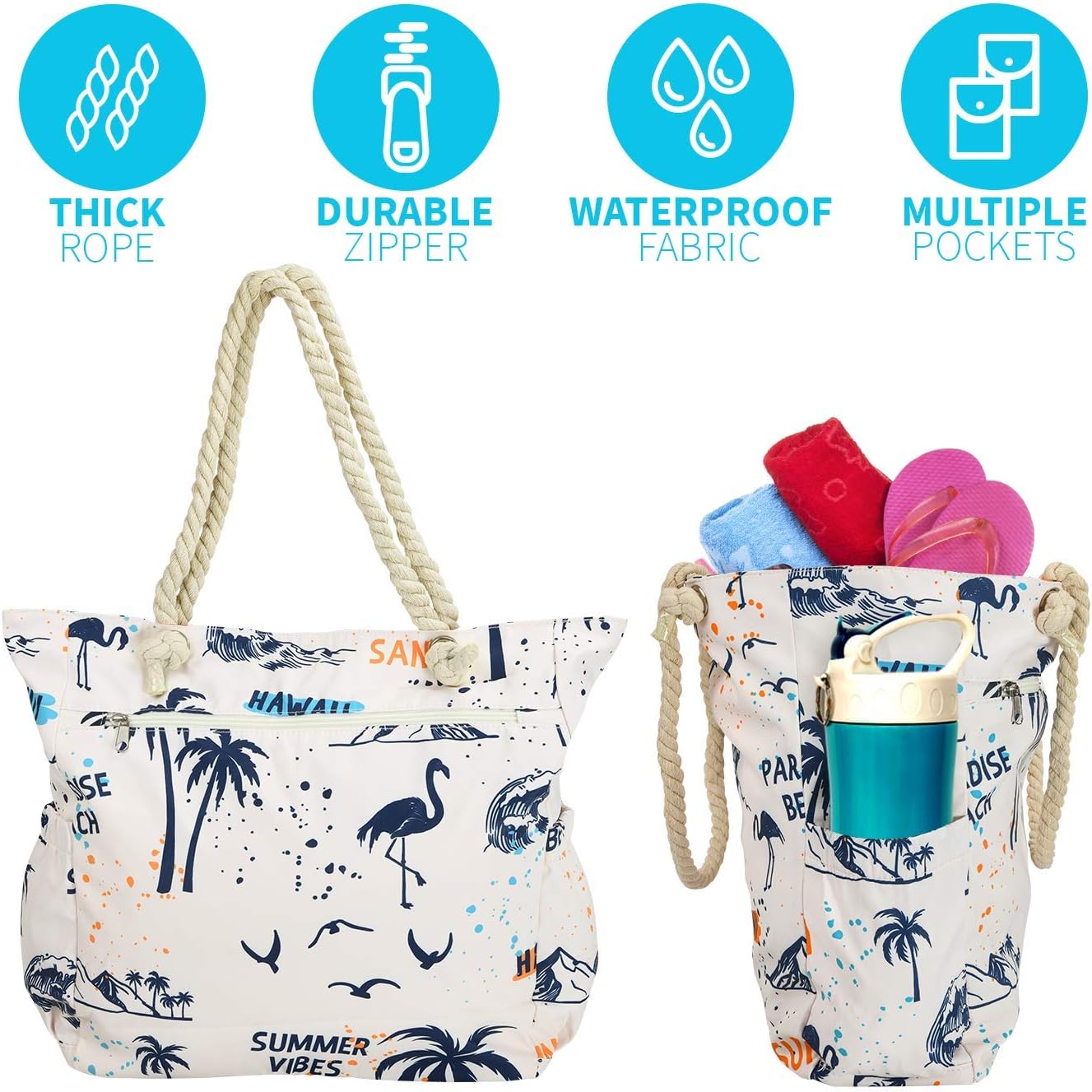 Beach Bag Spacious Shoulder Tote Travel & Gym Bag w/Multiple Pockets & Strong Zipper