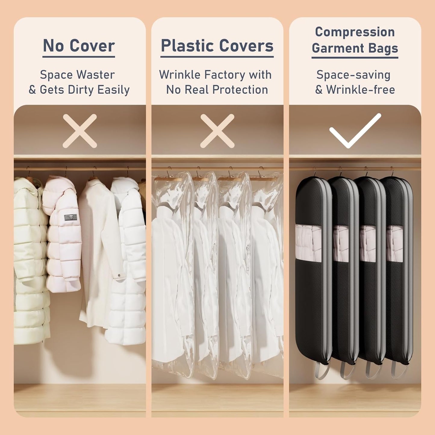 DIMJ 4 Pack 54" Garment Bags for Hanging Clothes - Space Saving Compression Suit Bag Travel with Handles Window, Washable Carry Clothing Storage Cover for Dress, Coats, Down Jacket, Shirts