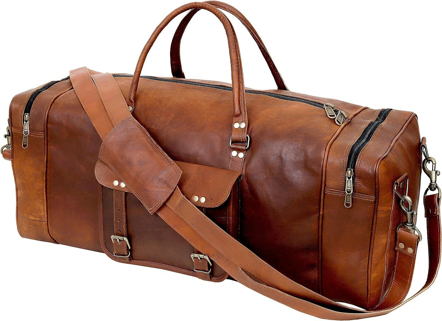 Leather Duffle Bag for Men Luggage Handmade Travel Bag Carry On Luggage Weekender Bags Overnight Gym Sports Cabin Holdall Bag For Airplanes Men And Women (34 Inch Brown)