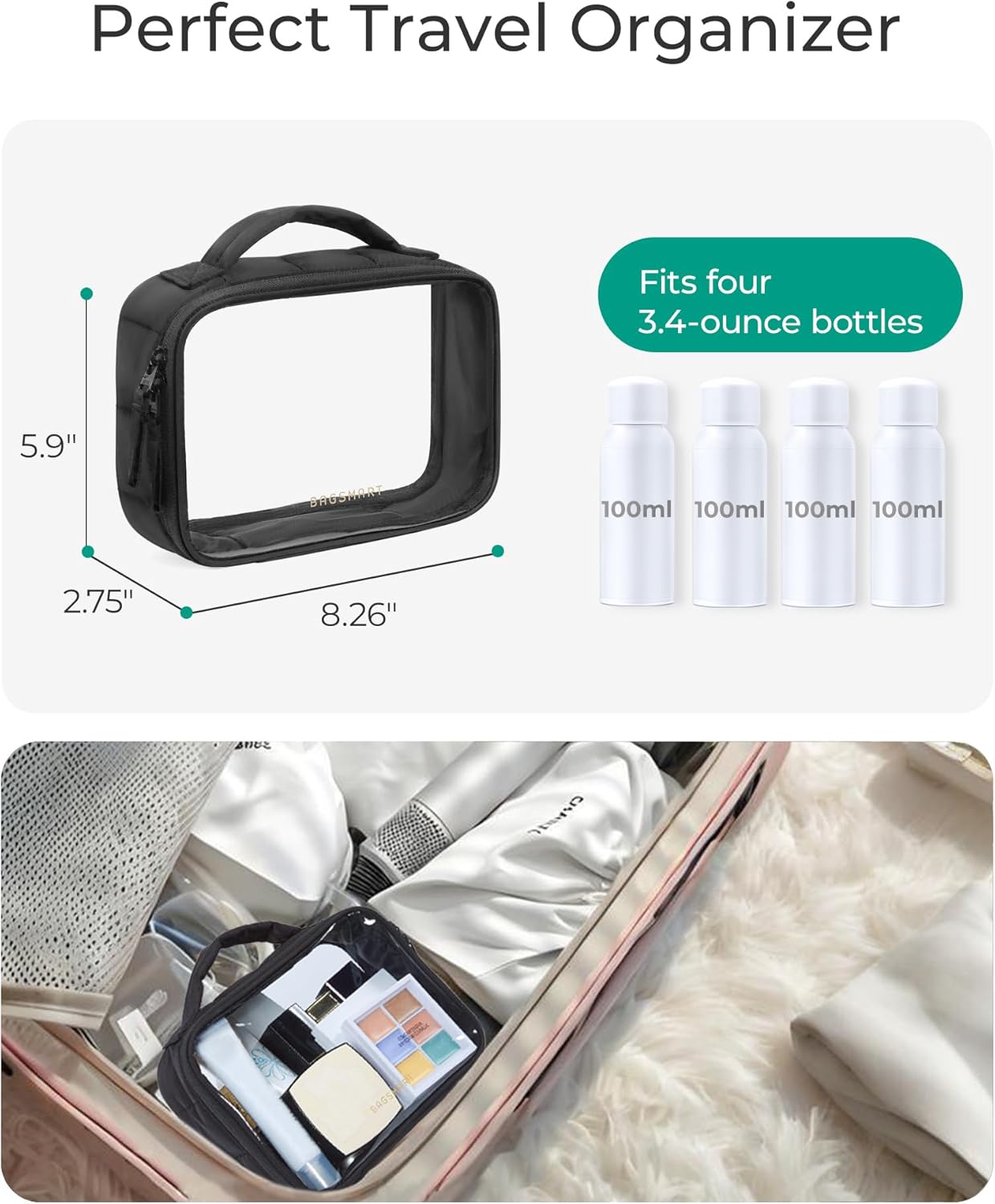 BAGSMART 2 Pack Clear Toiletry Bag, Puffy Edges TSA-Approved Travel Toiletry Bag, Large Opening with Handle, Cosmetic Organizer with Double Zipper for Women