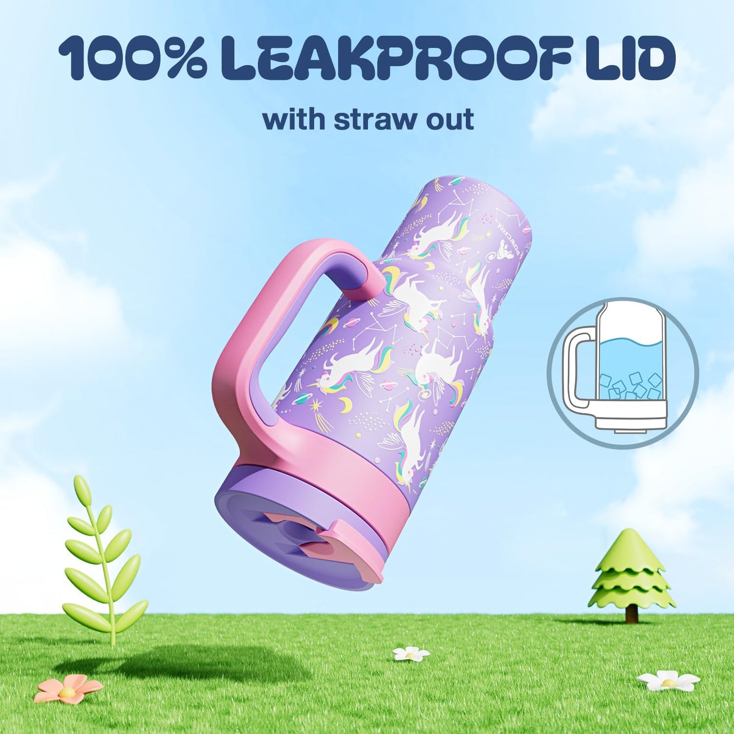 24 oz Kids Tumbler with Handle: Leakproof, Stainless Steel Cup with Straw Lid, BPA-Free, Insulated Water Bottle for School, Travel, Gift, Daycare, Home, Picnic, Outdoor Activities (Starlight Unicorn)