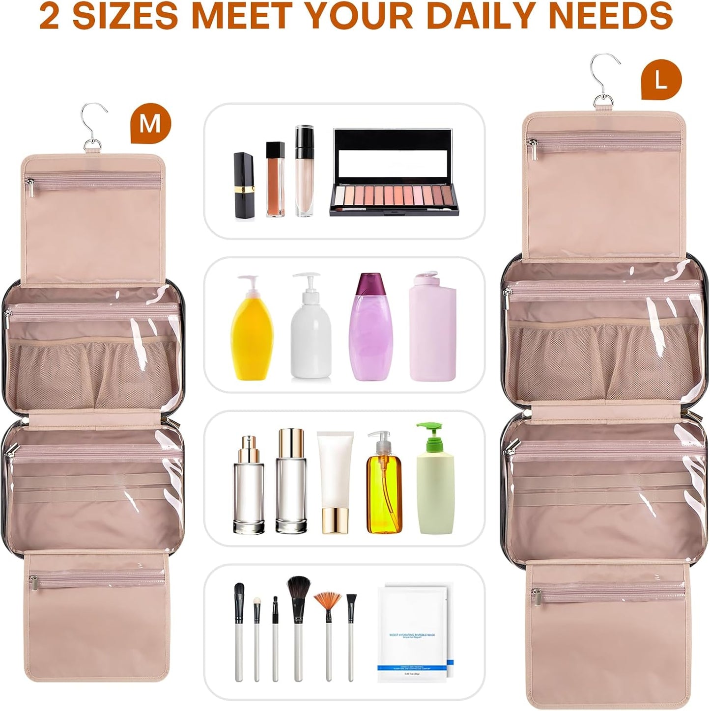 Hanging Toiletry Bag for Women Travel, 2 Sizes Large & Small Waterproof Cosmetic Organizer with 4 Compartments, Rotating Hook, Foldable Pink Travel Bag for Toiletries & Makeup - Medium Black