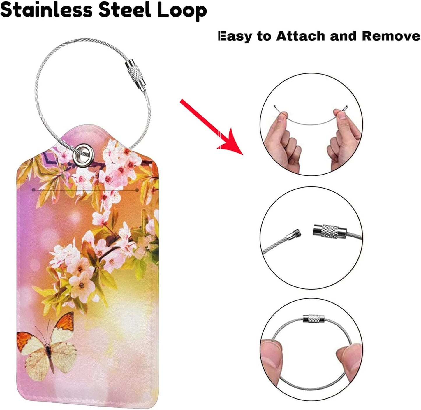 2 Packs Beautiful Spring Flowers PU Leather Luggage Tags Butterfly Suitcase Labels Bag Tags Cute Name ID Labels with Privacy Cover for Women Teen Girls Pink Yellow Background