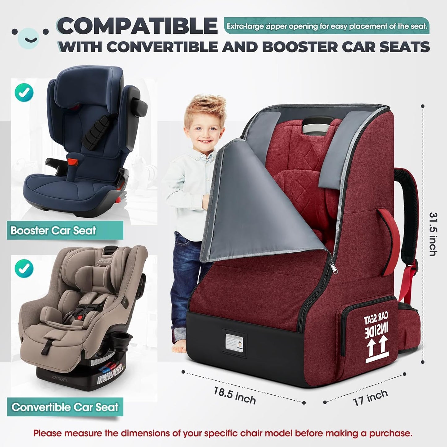 RAINSMORE Padded Car Seat Travel Bag for Airplane Heavy Duty Car Seat Backpack for Air Travel Baby Carseat Cover Bags for Airport Large Car Seats Carrier Fits Car Seats & Booster Seats,Red