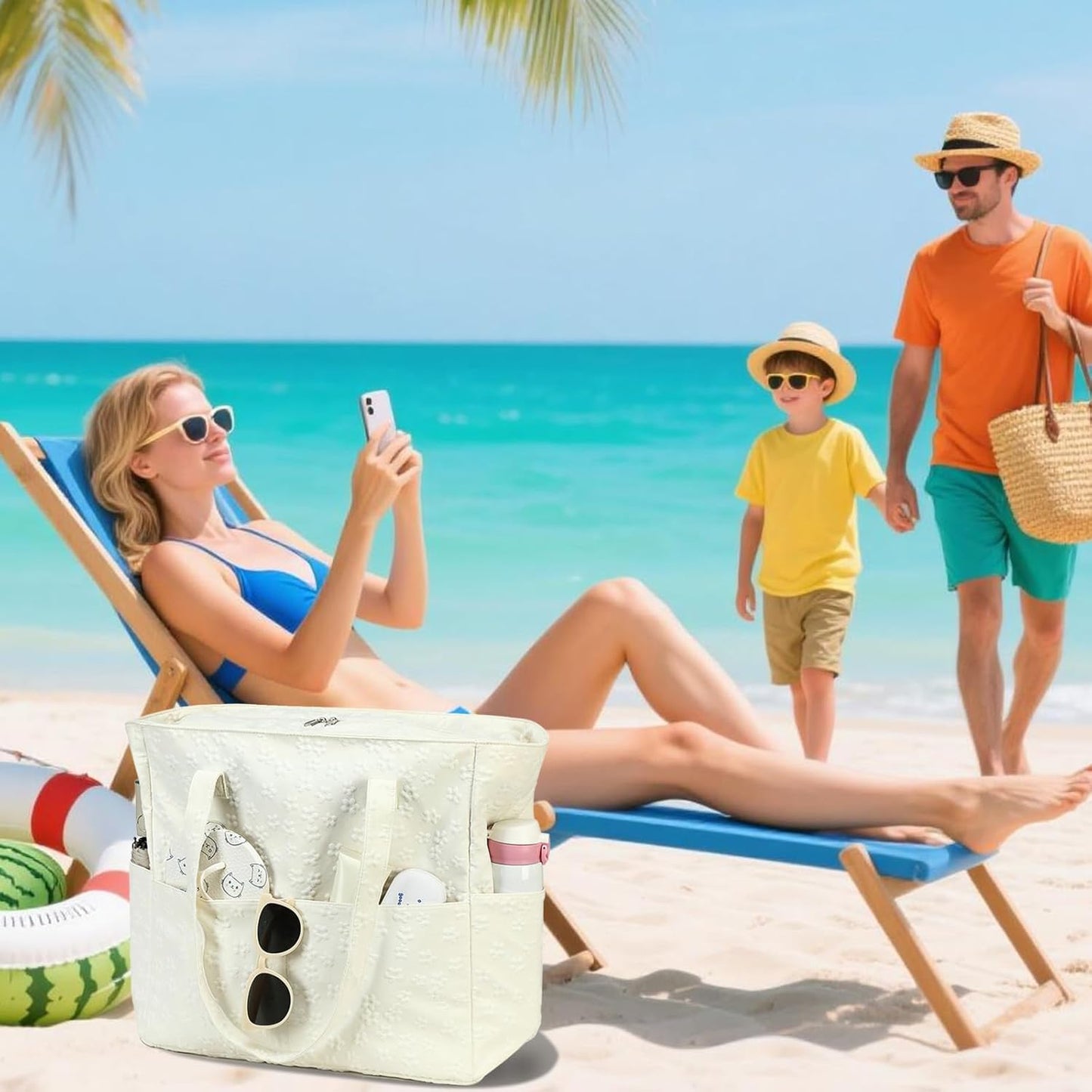 LEDAOU Large Beach Tote Bag Women Waterproof Sandproof Zipper Beach Tote Bag for Pool Gym Grocery Travel with Wet Pocket