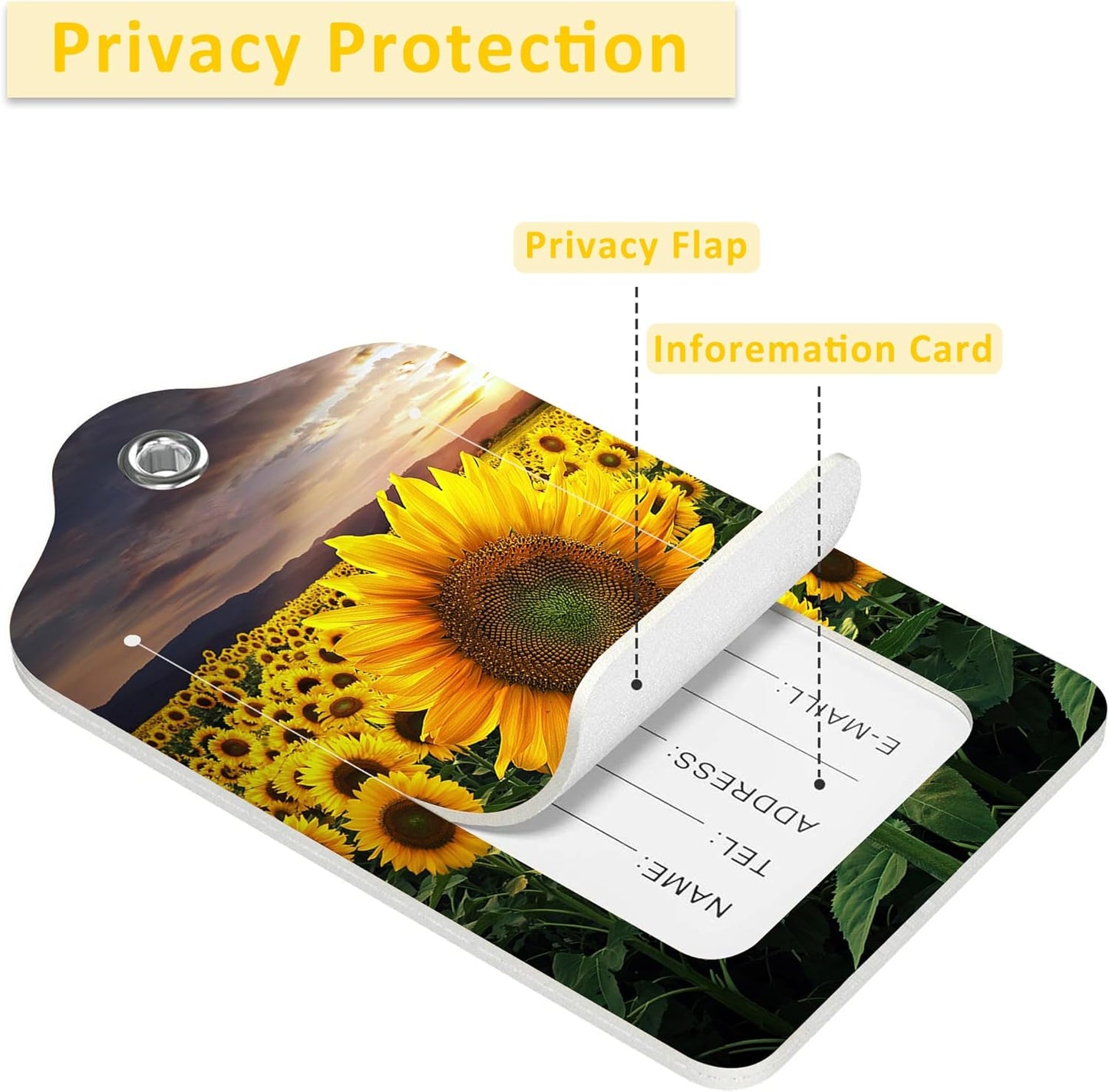 2 Pack Sunflower Luggage Tags for Suitcases,Beautiful Floral Leather Baggage Suitcases Tag Name ID Label Privacy Cover Travel Bag Tags for Women Men Boys Girls