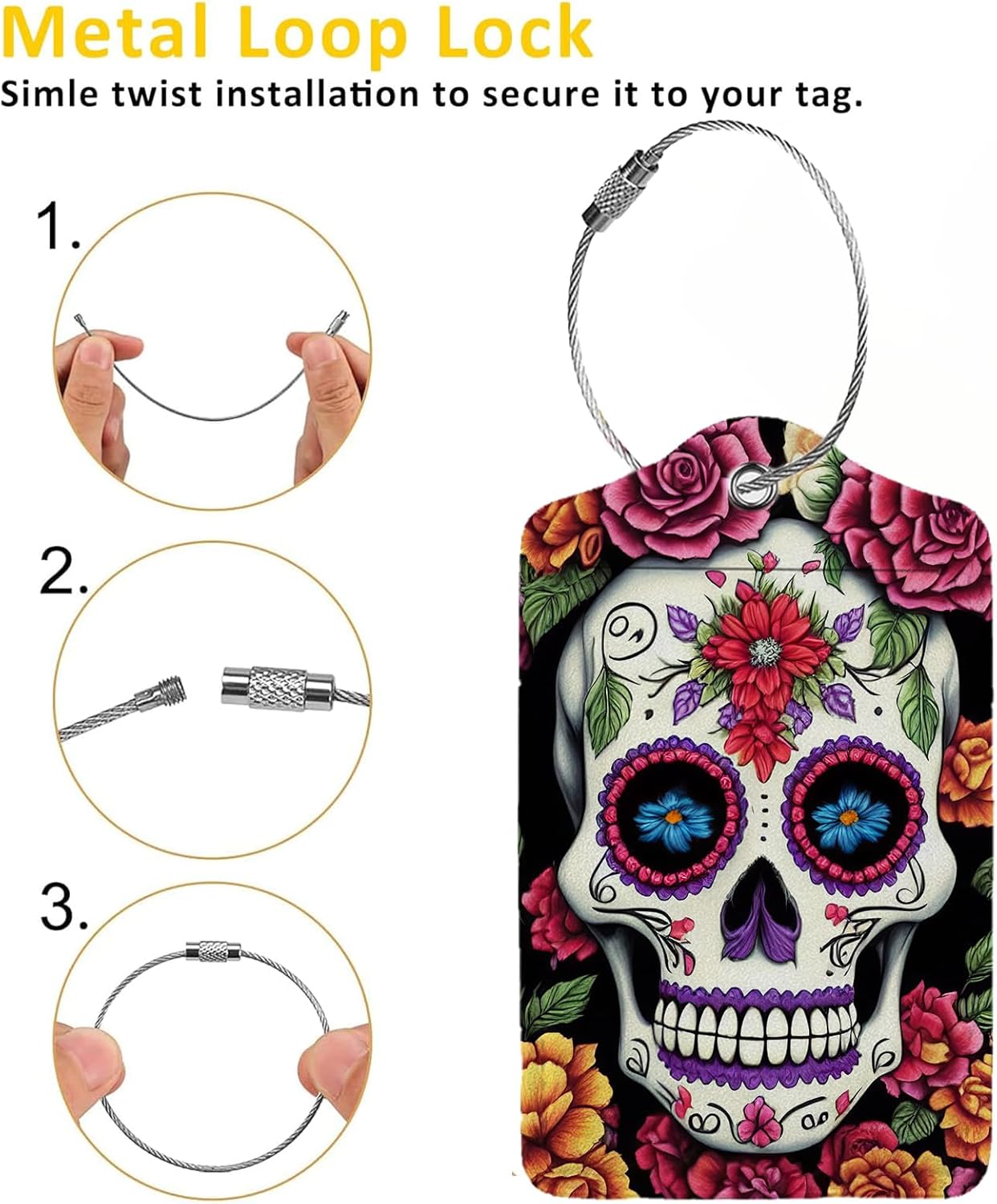 Skull Flower Diamond Art Luggage Tags for Suitcases,2 Pack Luggage Tag, Leather Stainless Steel Loop Label Tag for Women Girl Travel Bag Suitcase