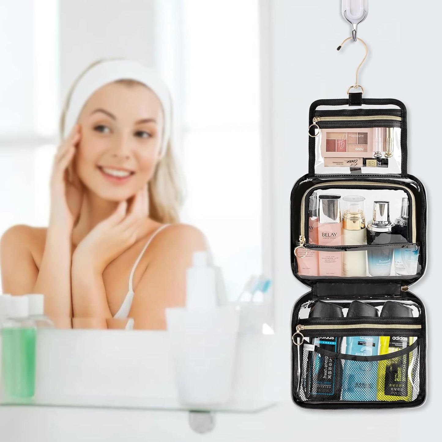 CUBETASTIC Clear Toiletry Bag, Transparent Travel Makeup Bag Small Hanging Travel Bag Portable Cute Cosmetic Organizer Waterproof Make Up Case