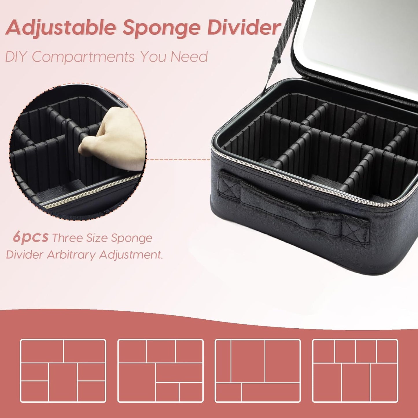 Travel Makeup Bag with LED Mirror – Waterproof Cosmetic Train Case with Adjustable Dividers, Portable Makeup Organizer and Toiletry Bag for Women, Pink Teens & Girls Gift