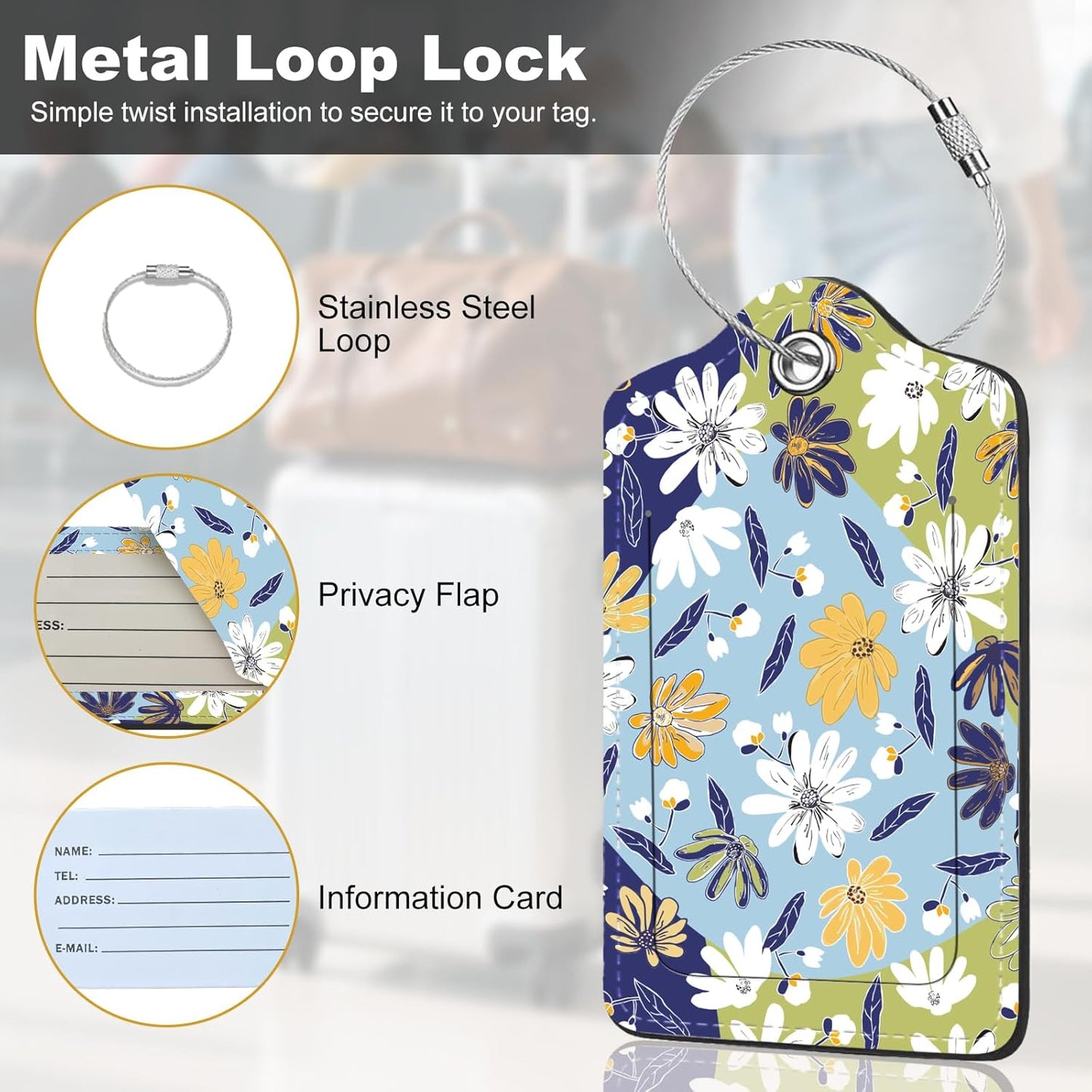 2Pack Luggage Tags for Suitcases, Cute Unique Pu Leather Cruise Luggage Tag with Privacy Cover ID Label Address Card and Metal Ring Suitable for Women Men Kids Travel Bag Yellow and White Floral Print