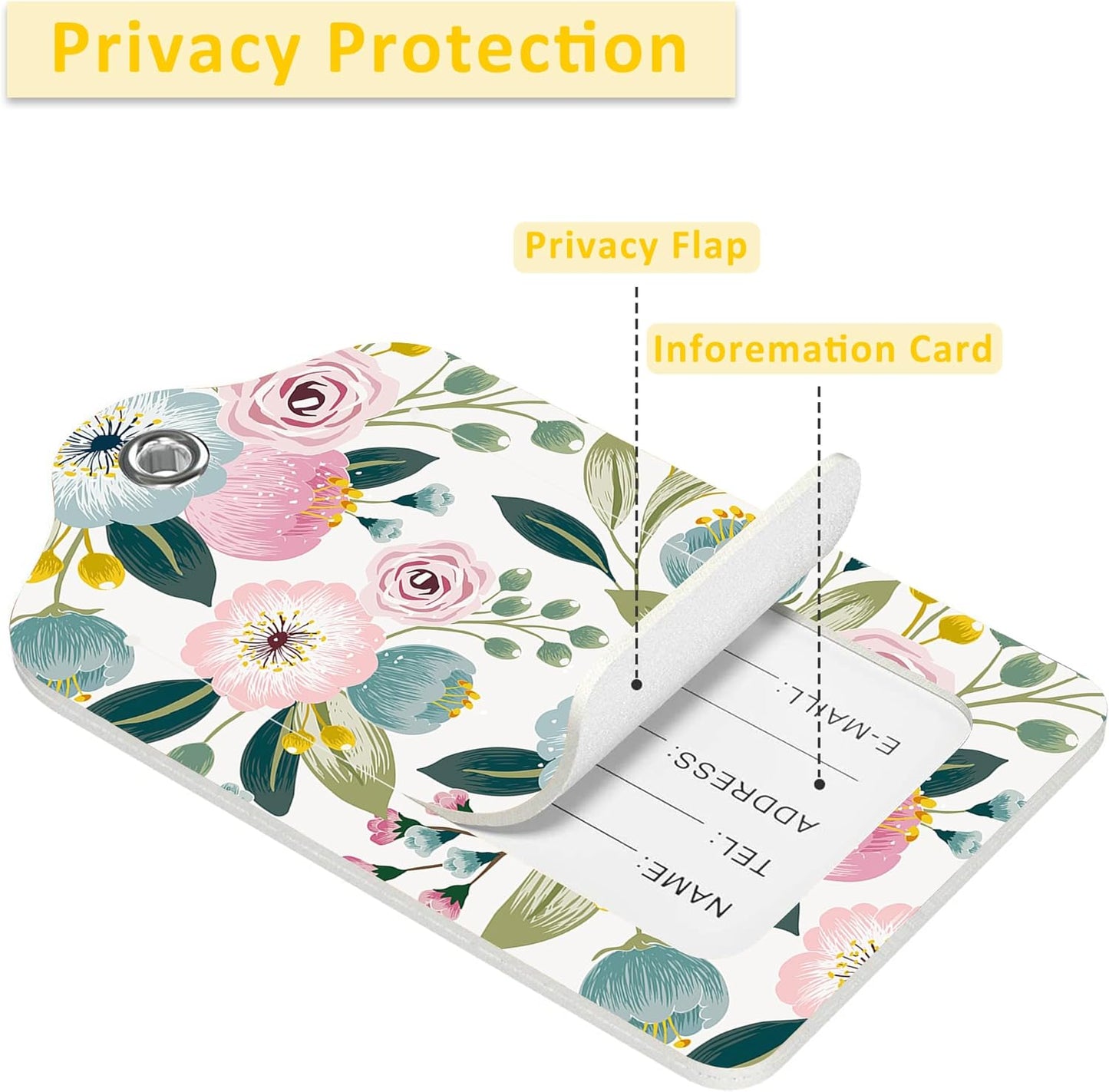 2 Pack Luggage Tag for Suitcase,Lovely Floral PU Leather Suitcase Tags Identifiers with Privacy Name Address Labels and Durable Steel Loop for Women Men Travel